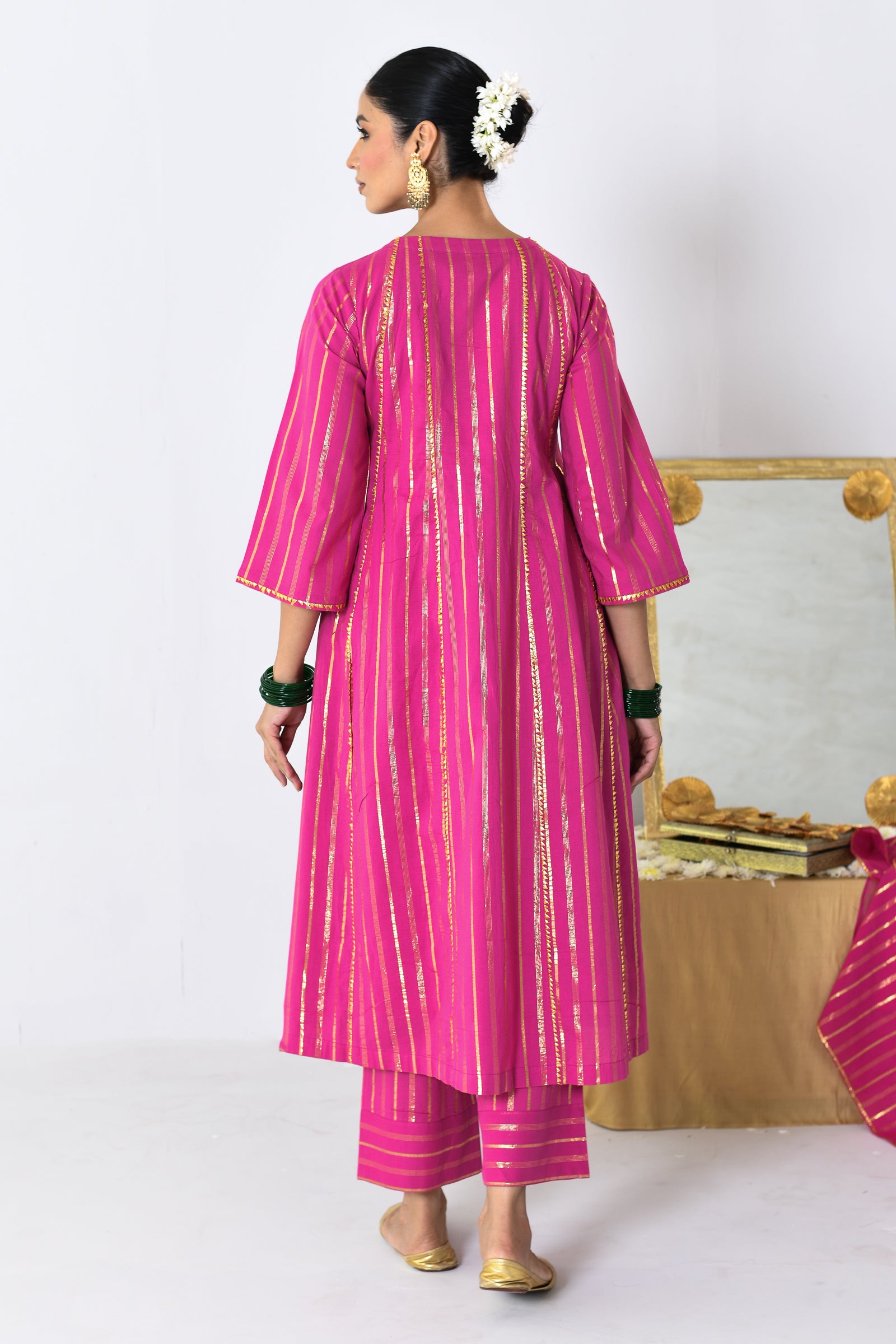 Gulrang Pink Lurex Round Neck Anarkali Set