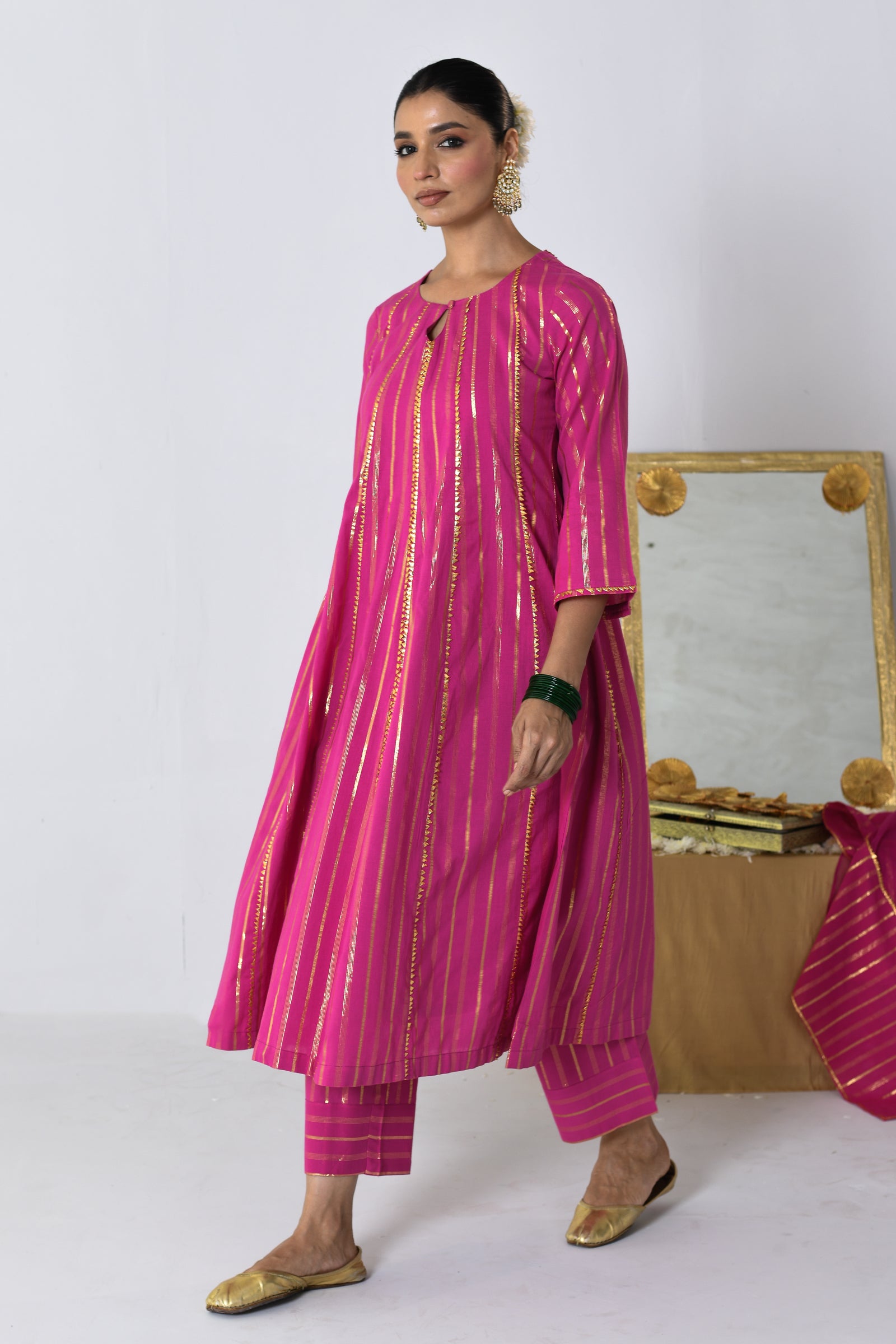 Gulrang Pink Lurex Round Neck Anarkali Set