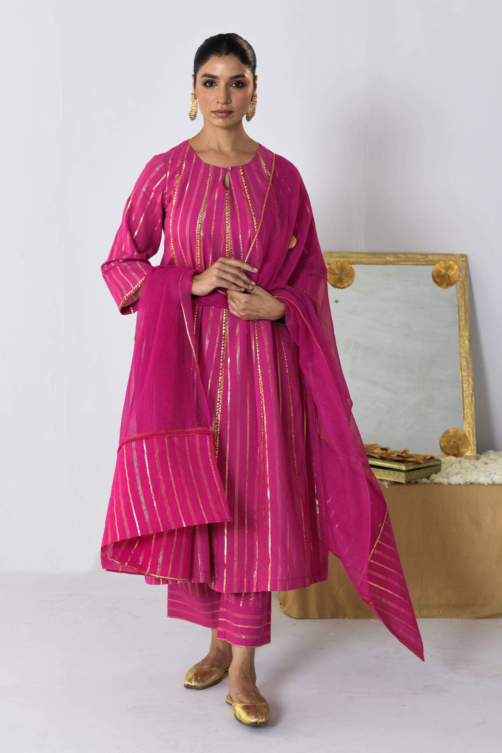 Gulrang Pink Lurex Round Neck Anarkali Set