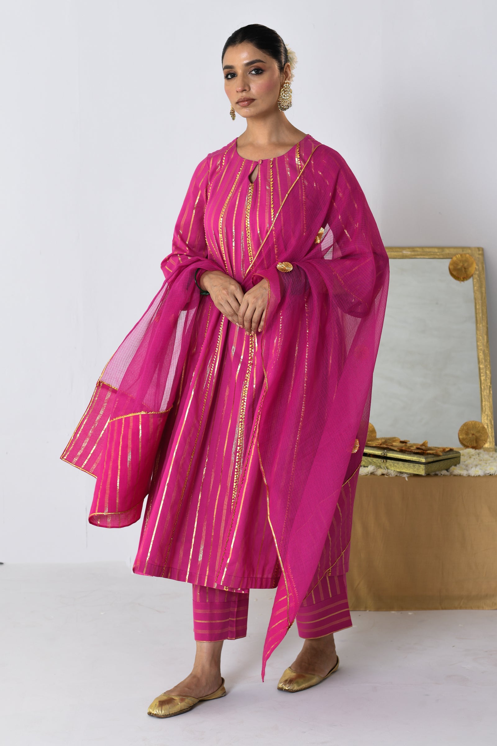 Gulrang Pink Lurex Round Neck Anarkali Set