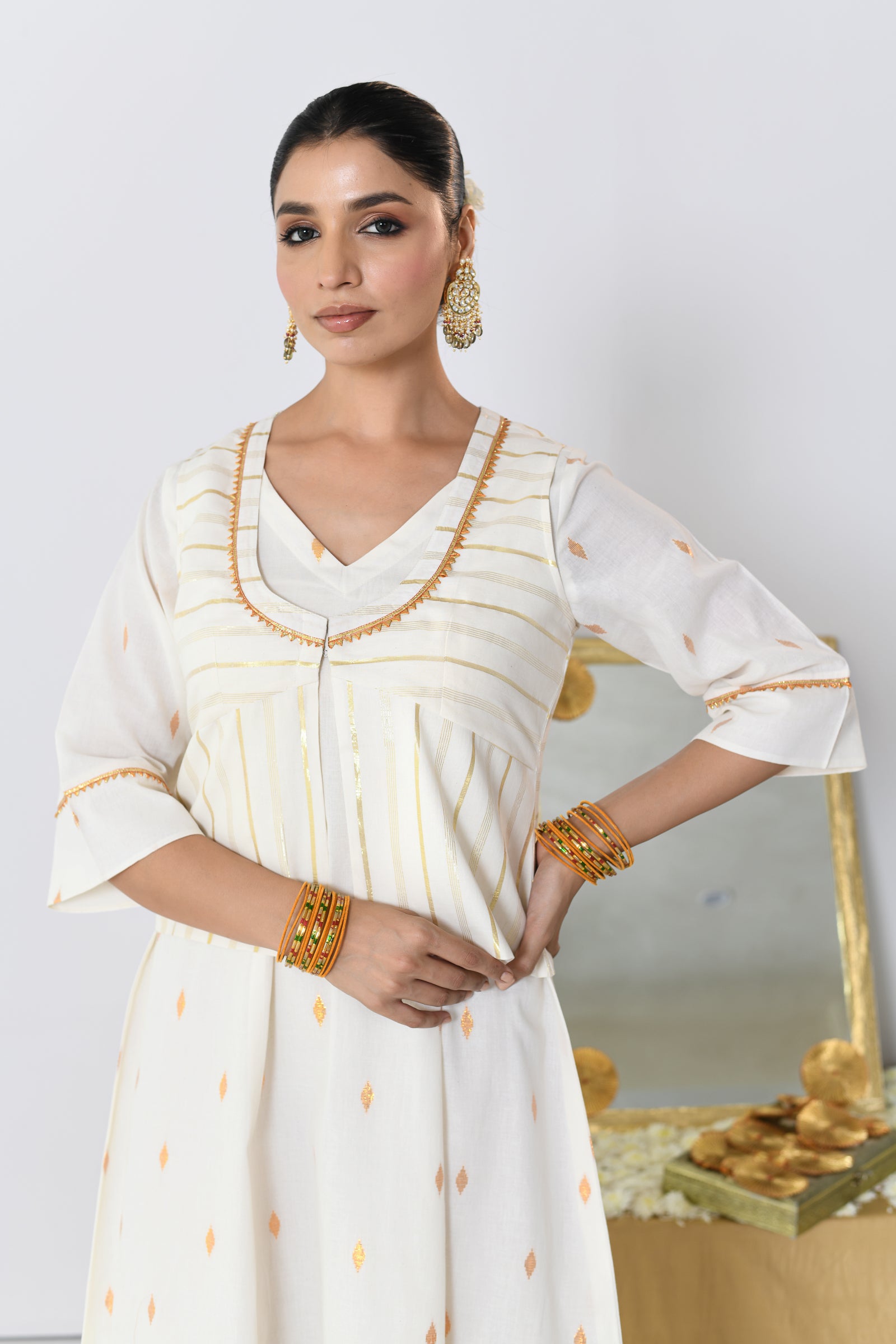 Chakri White Lurex V-neck Dress with Koti