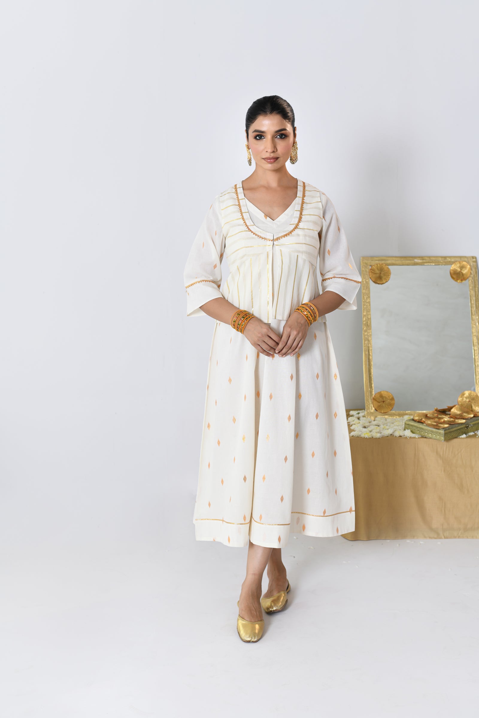 Chakri White Lurex V-neck Dress with Koti