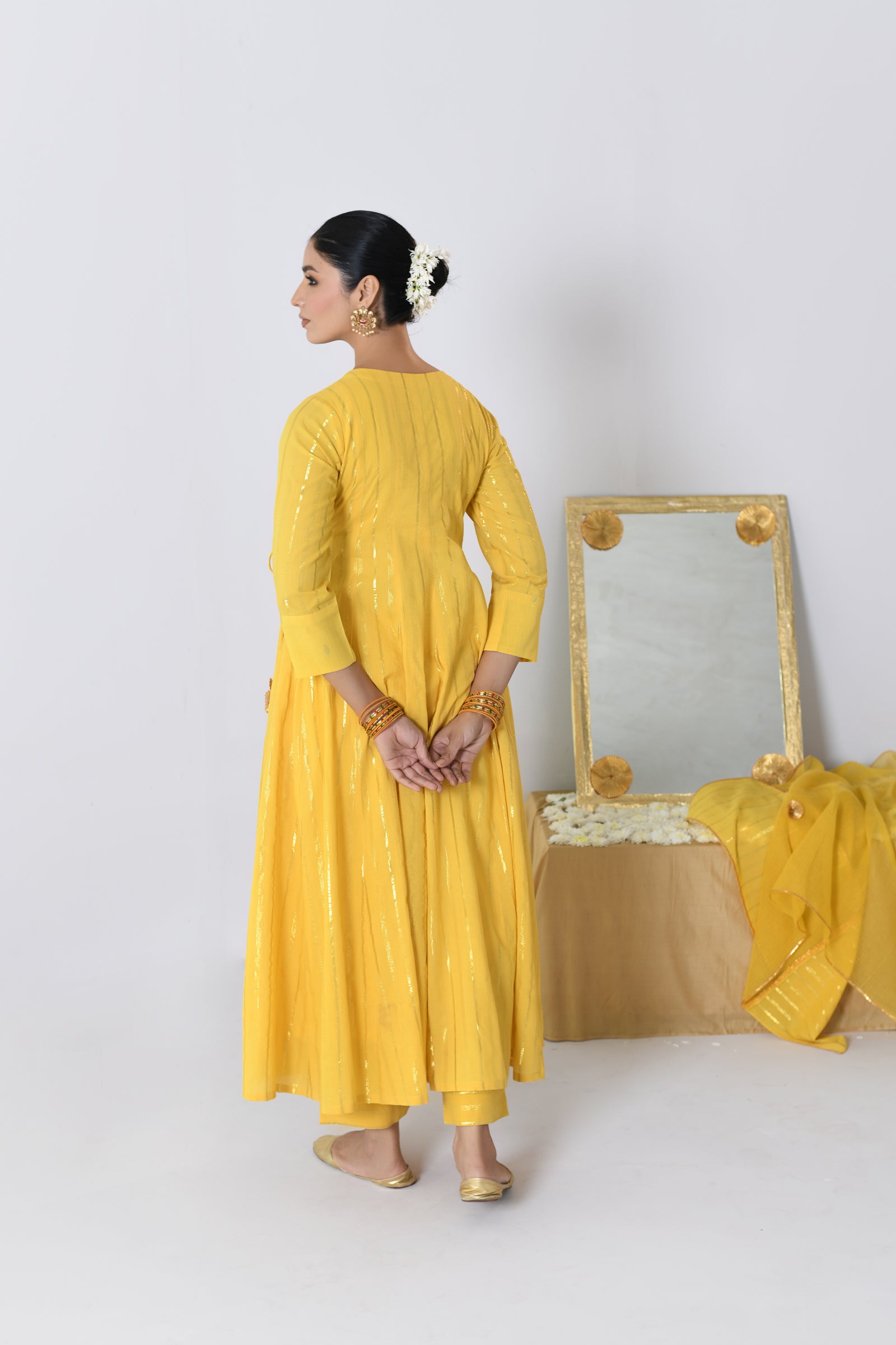 Shagun V-neck Yellow Lurex Angrakha Anarkali