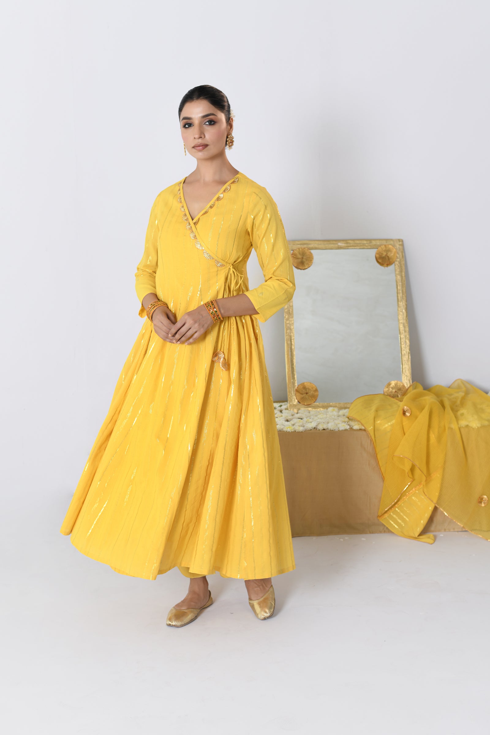 Shagun V-neck Yellow Lurex Angrakha Anarkali