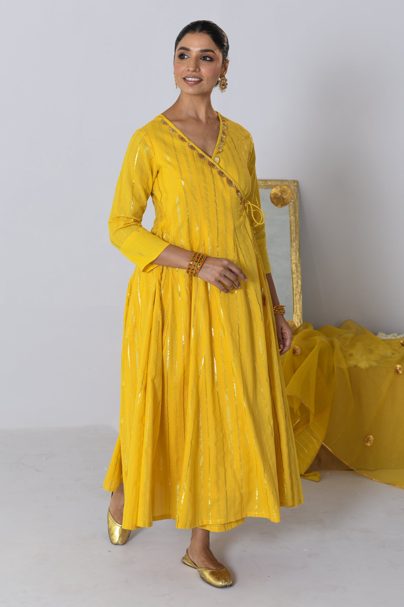 Shagun V-neck Yellow Lurex Angrakha Anarkali