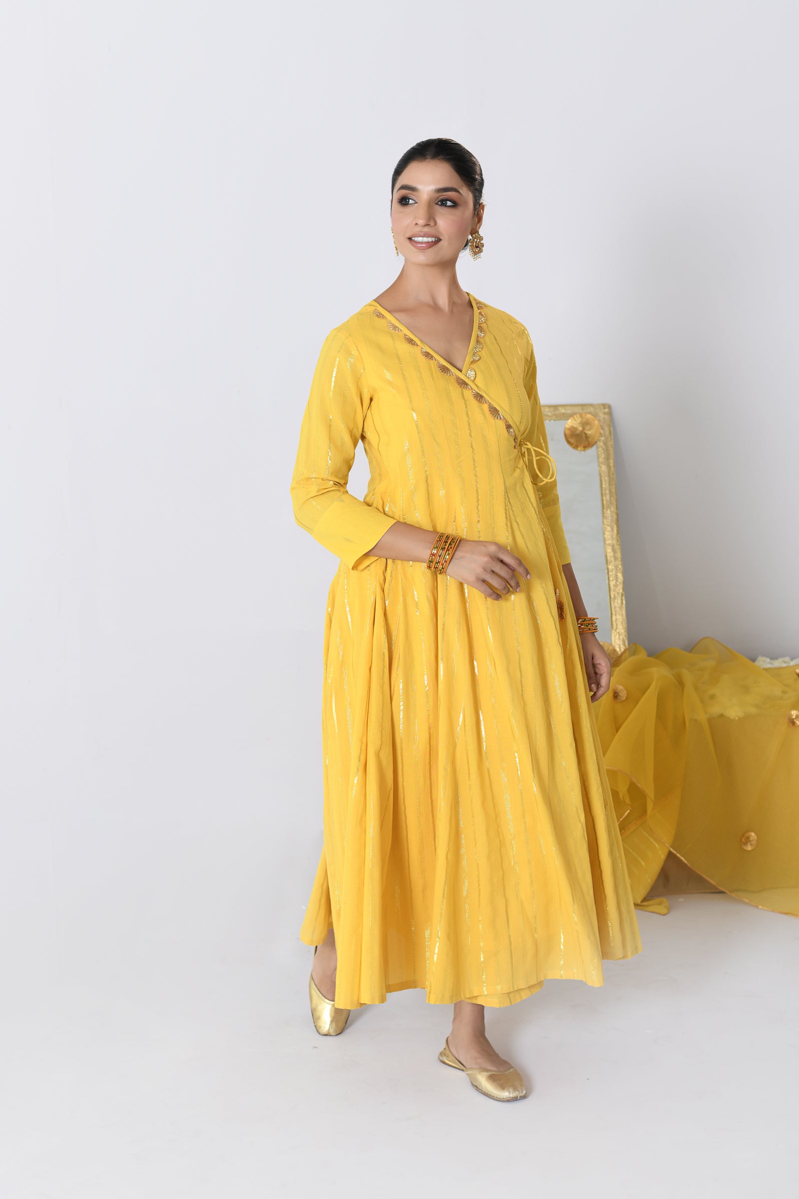 Shagun V-neck Yellow Lurex Angrakha Anarkali