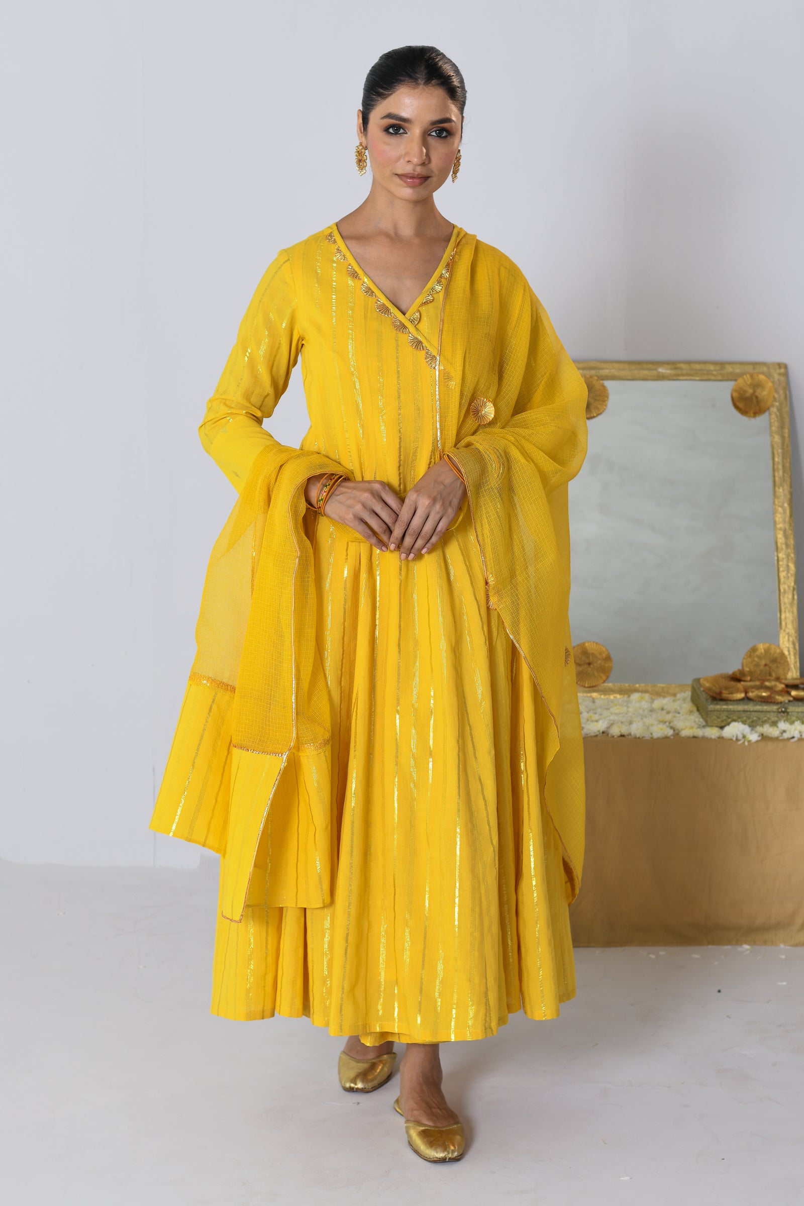 Shagun V-neck Yellow Lurex Angrakha Anarkali