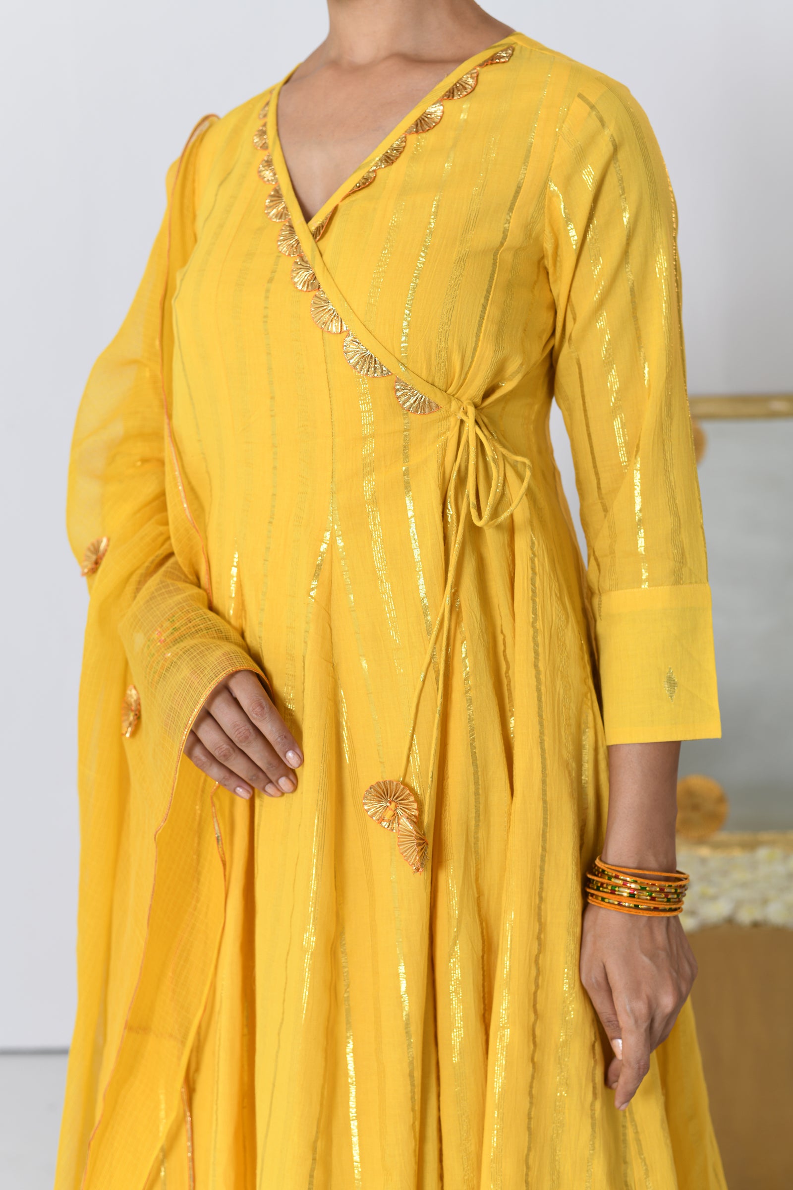 Shagun V-neck Yellow Lurex Angrakha Anarkali