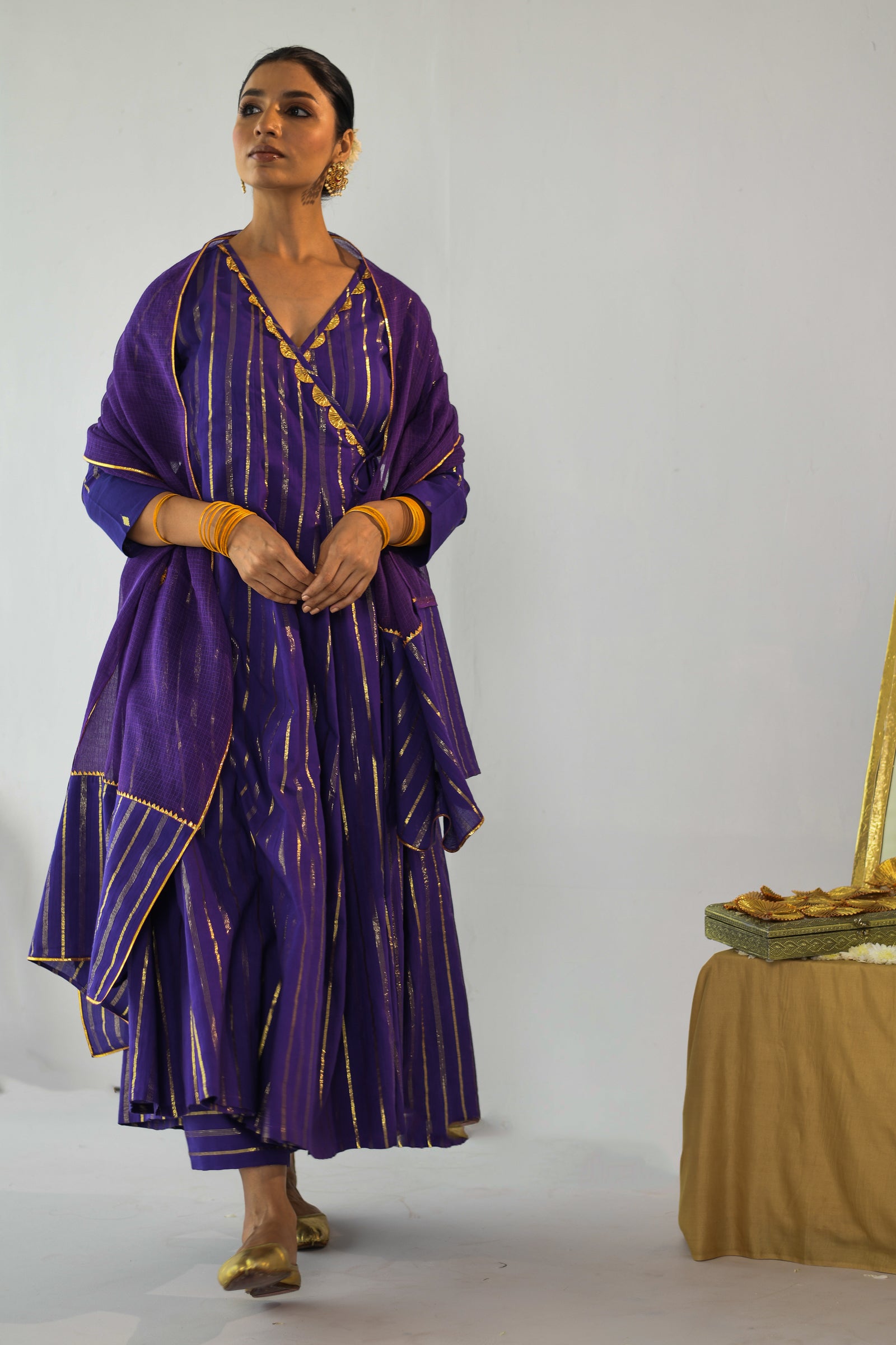 Chamak V-neck Purple Lurex Angrakha Anarkali