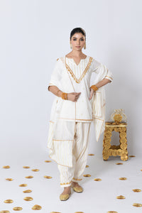 Jugnu Off-white Lurex Round Neck Short Kurta, Patiyala and Dupatta