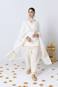 Jugnu Off-white Lurex Round Neck Short Kurta, Patiyala and Dupatta