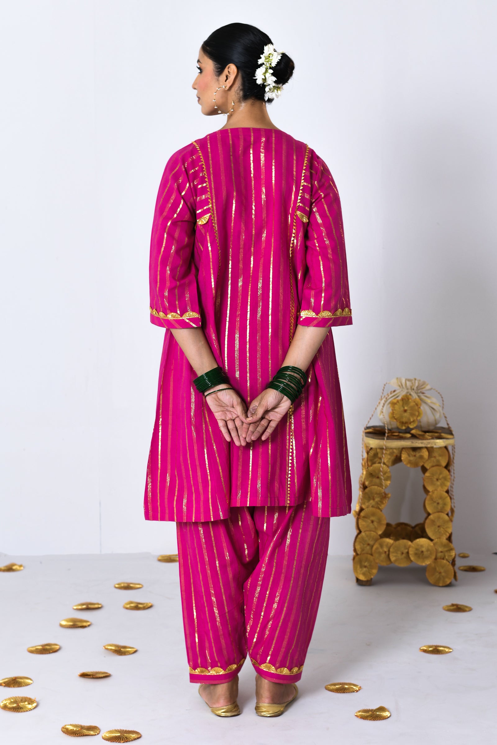 Chatkeela Pink Lurex Round Neck A-line Kurta