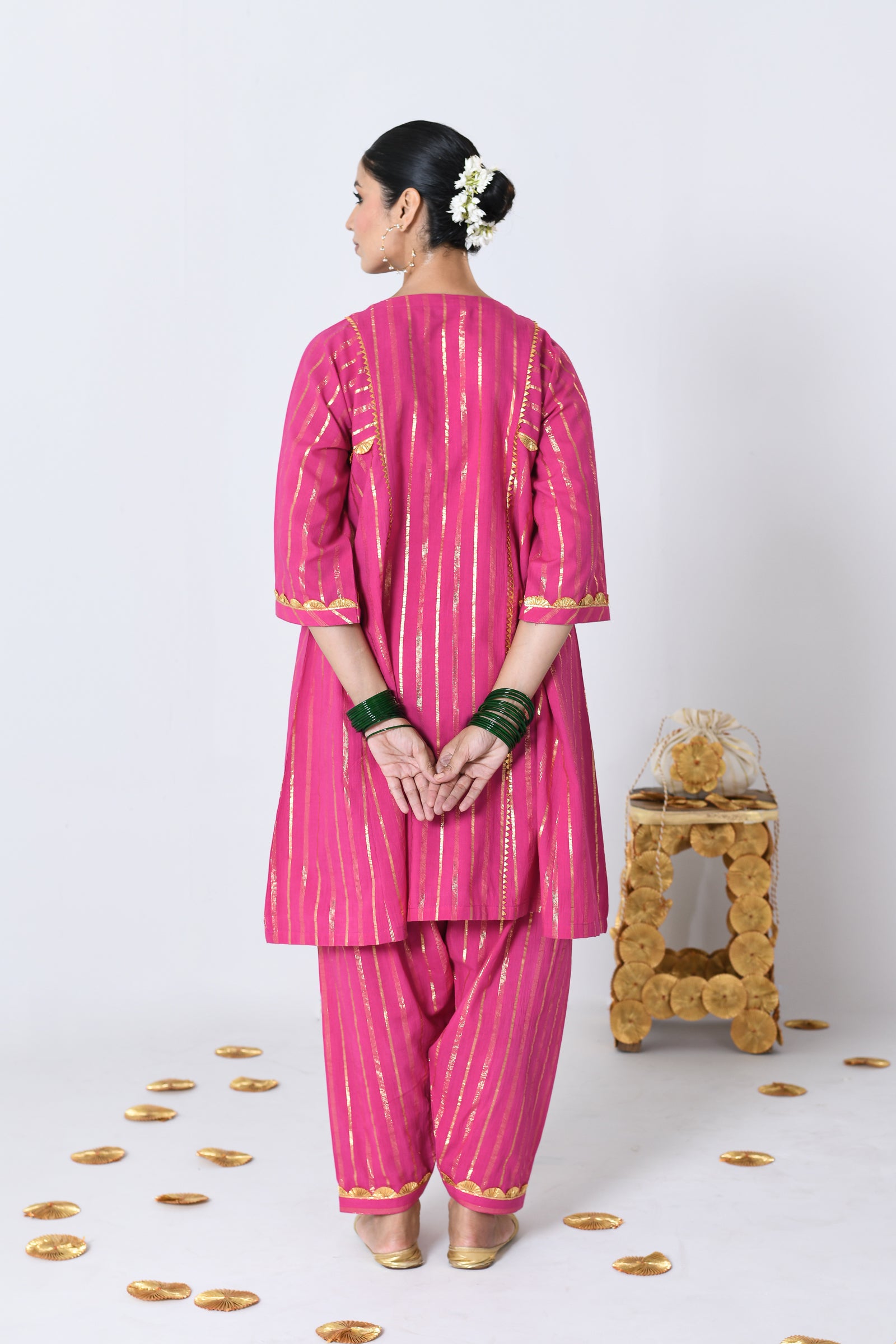 Chatkeela Pink Lurex Round Neck A-line Kurta