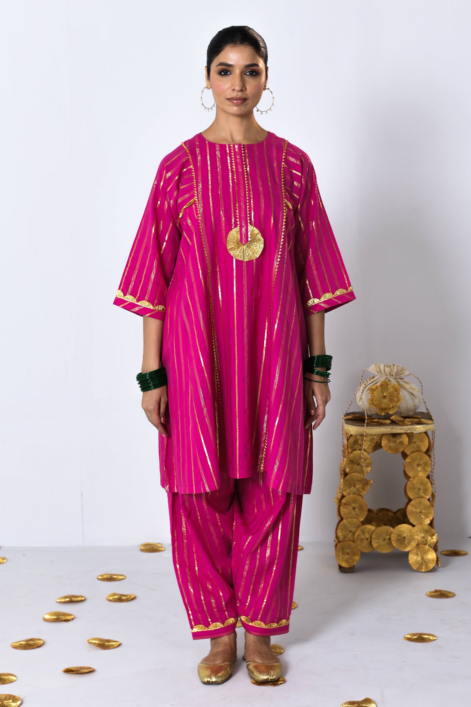 Chatkeela Pink Lurex Round Neck A-line Kurta