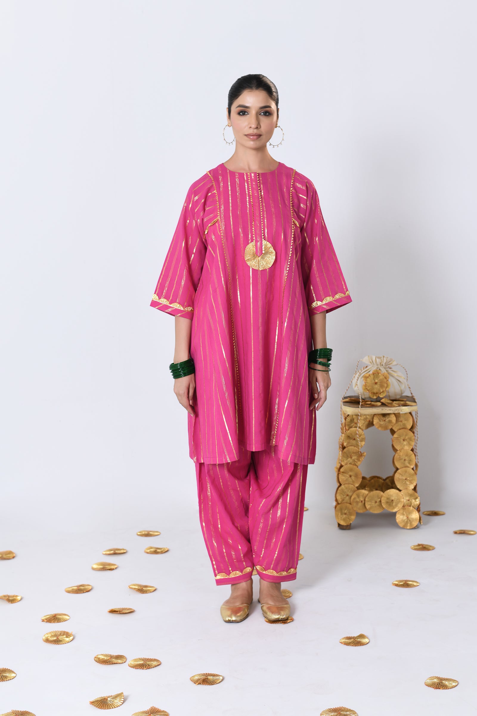 Chatkeela Pink Lurex Round Neck A-line Kurta