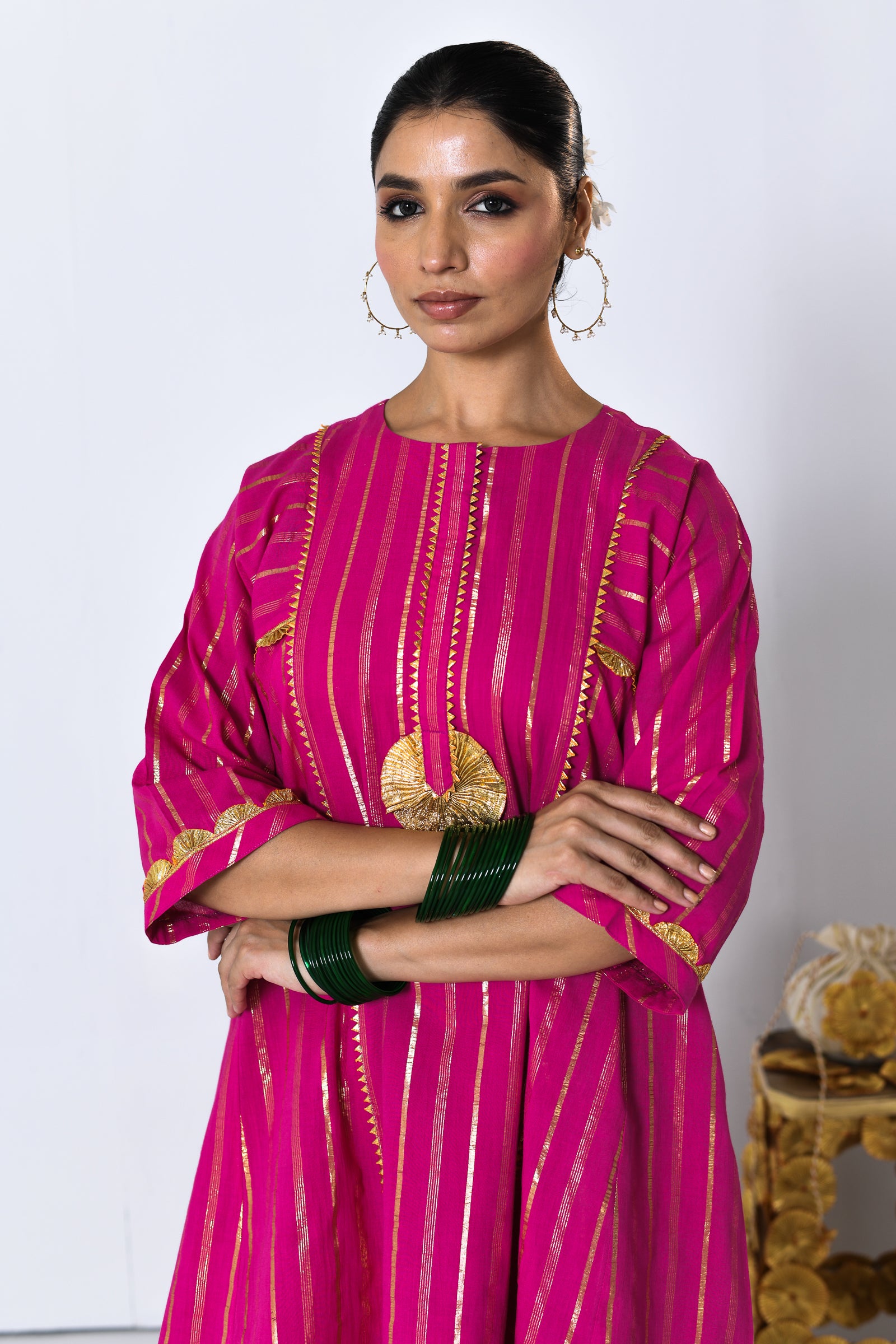 Chatkeela Pink Lurex Round Neck A-line Kurta