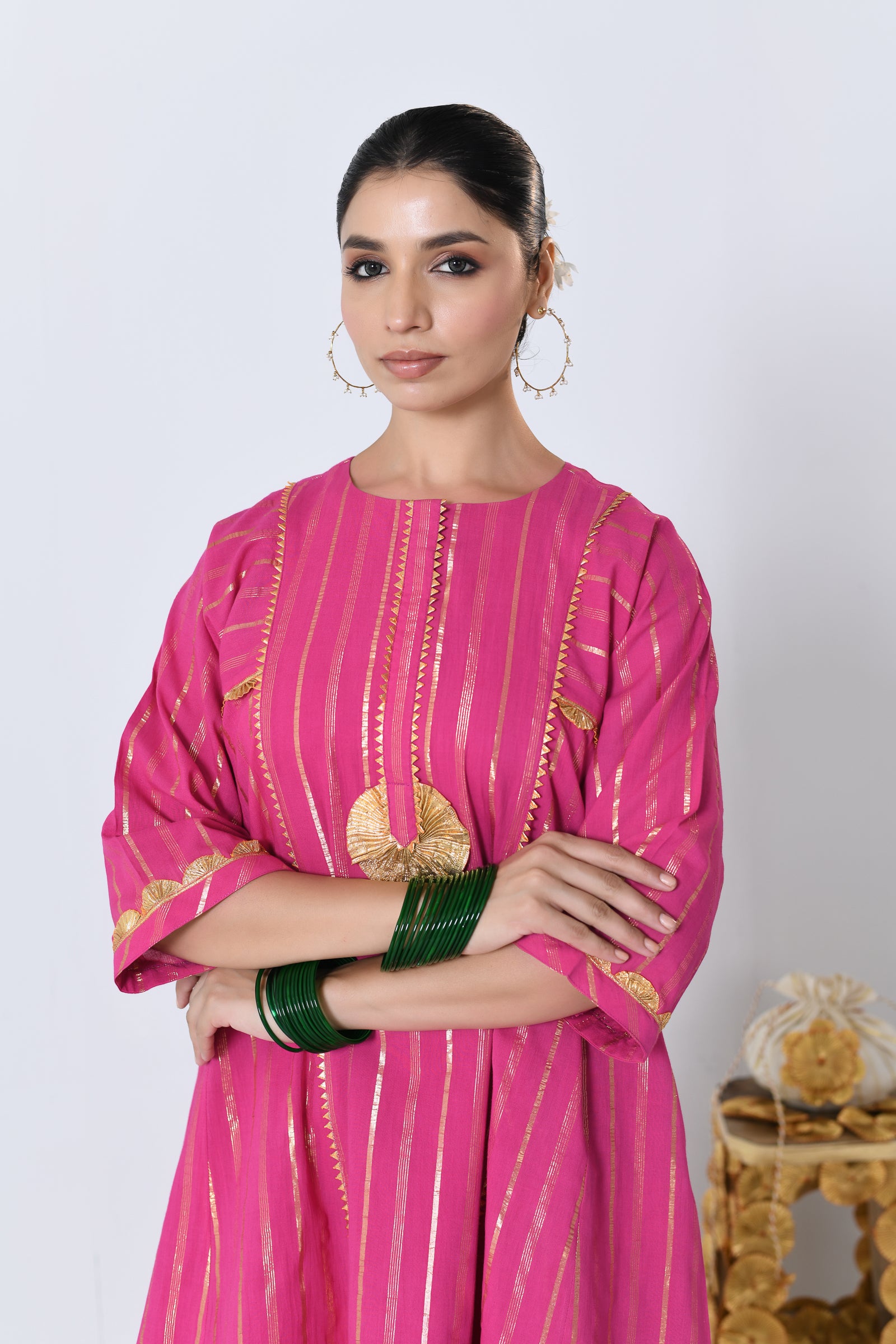 Chatkeela Pink Lurex Round Neck A-line Kurta