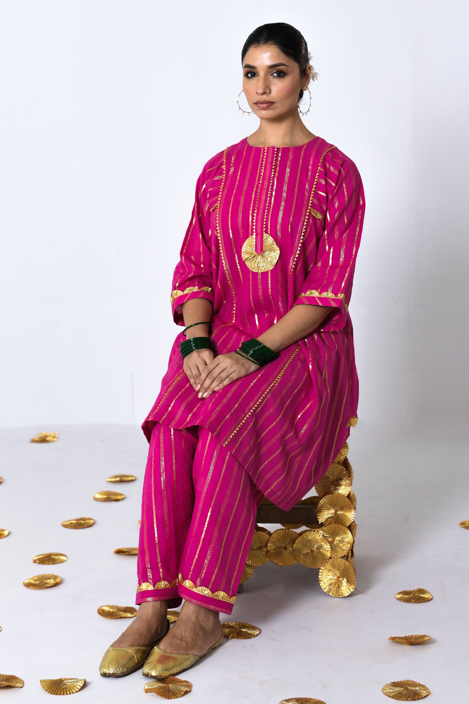 Chatkeela Pink Lurex Round Neck A-line Kurta