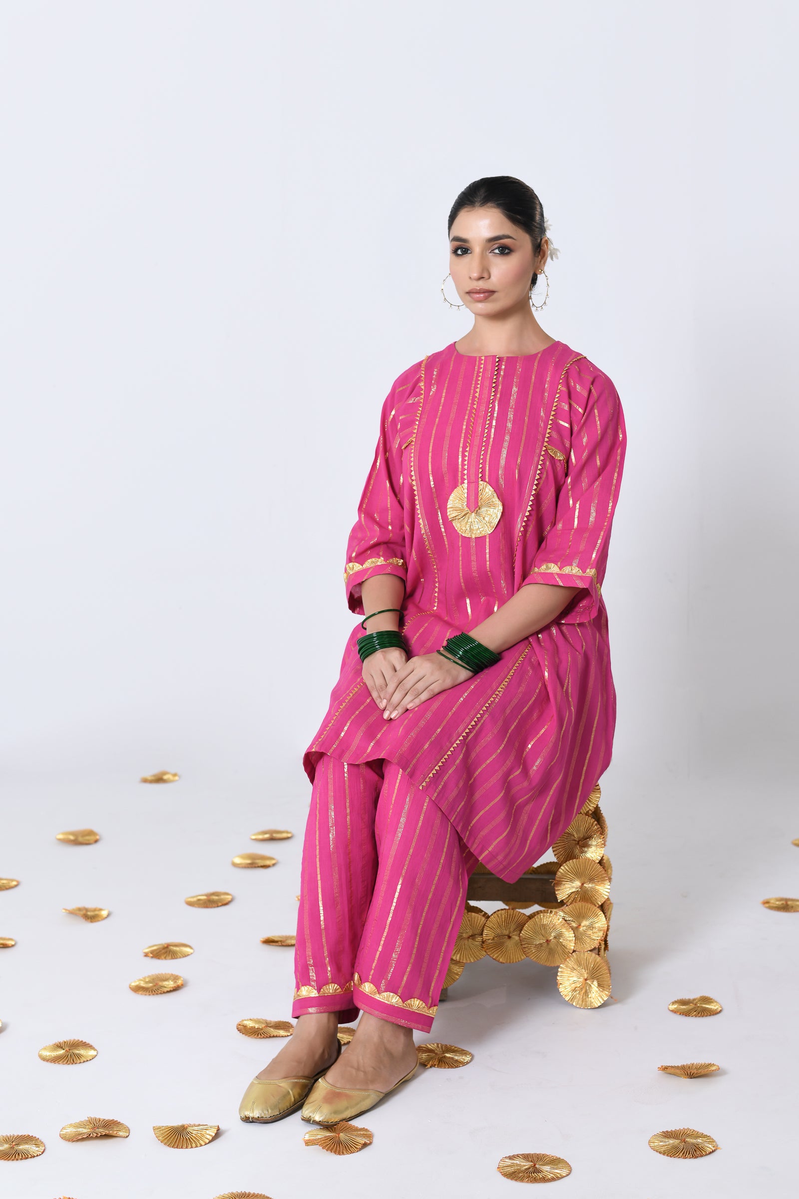 Chatkeela Pink Lurex Round Neck A-line Kurta