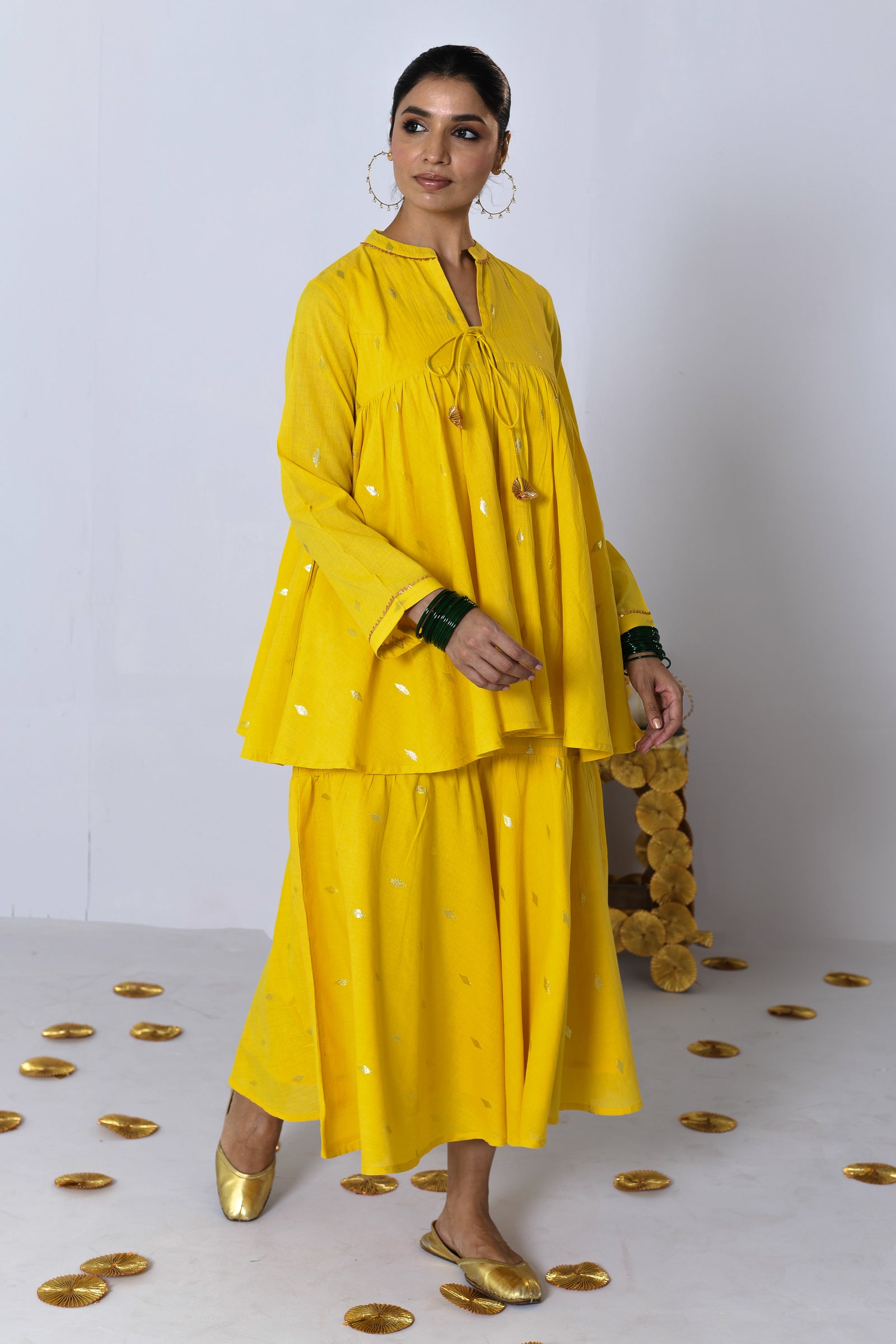 Arti Yellow Lurex Dress with tie-up loose fitted Koti