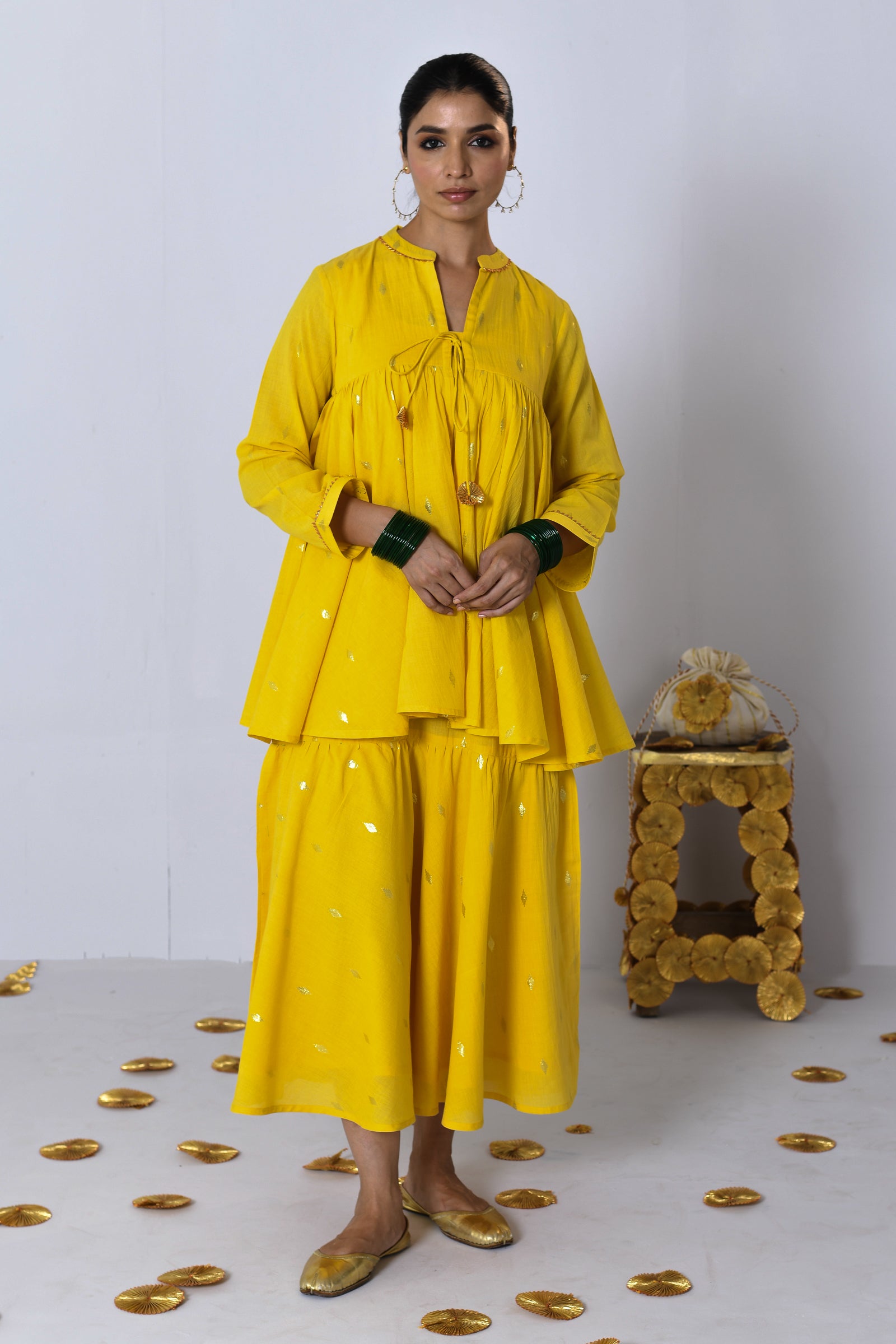 Arti Yellow Lurex Dress with tie-up loose fitted Koti