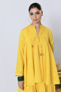 Arti Yellow Lurex Dress with tie-up loose fitted Koti