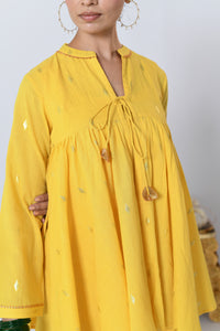 Arti Yellow Lurex Dress with tie-up loose fitted Koti