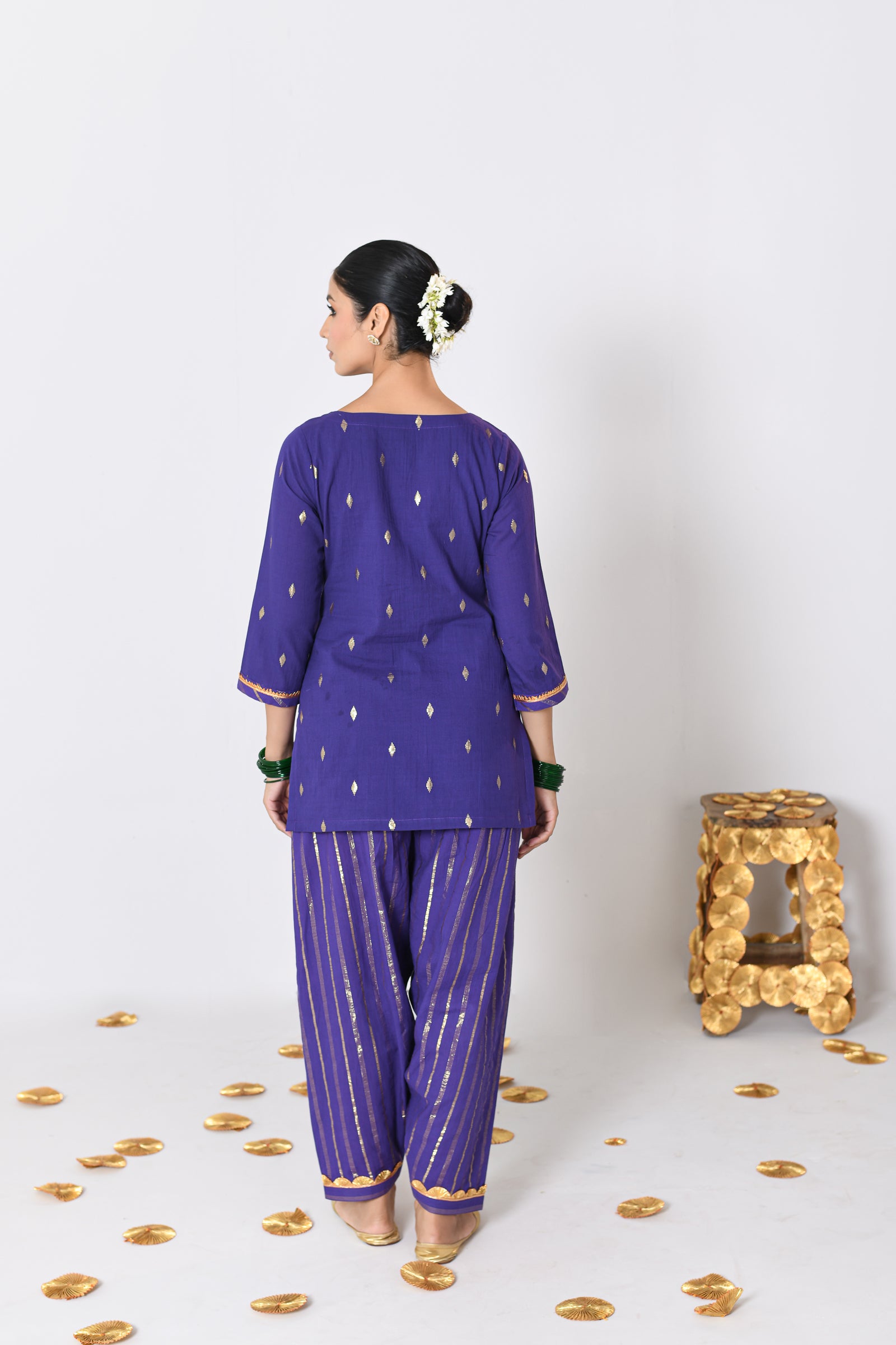 Nayantara Purple Lurex Round Neck Short kurta with Patiyala and Dupatta