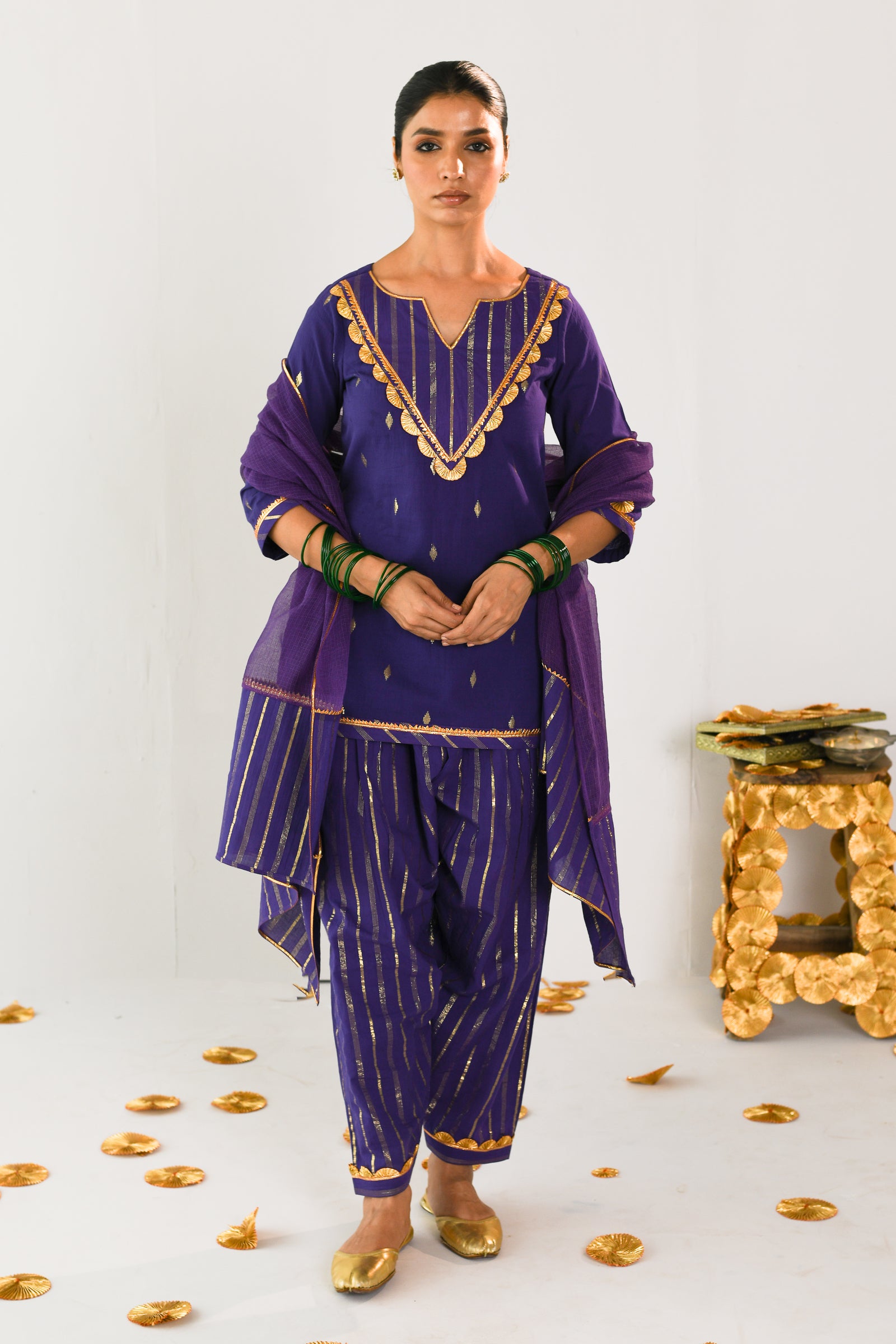 Nayantara Purple Lurex Round Neck Short kurta with Patiyala and Dupatta