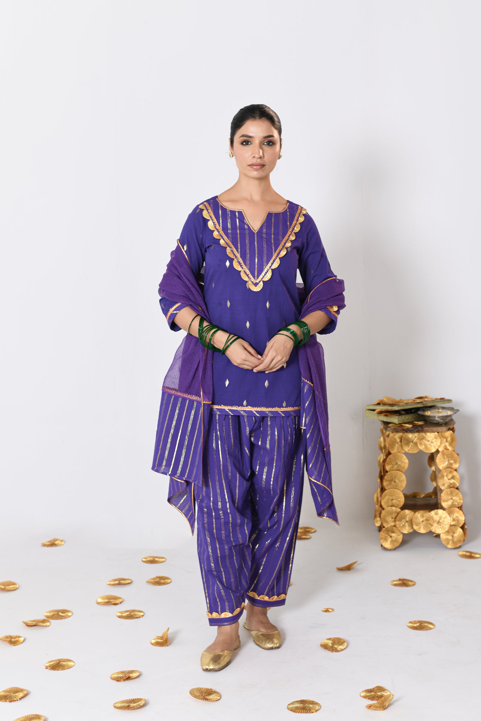 Nayantara Purple Lurex Round Neck Short kurta with Patiyala and Dupatta