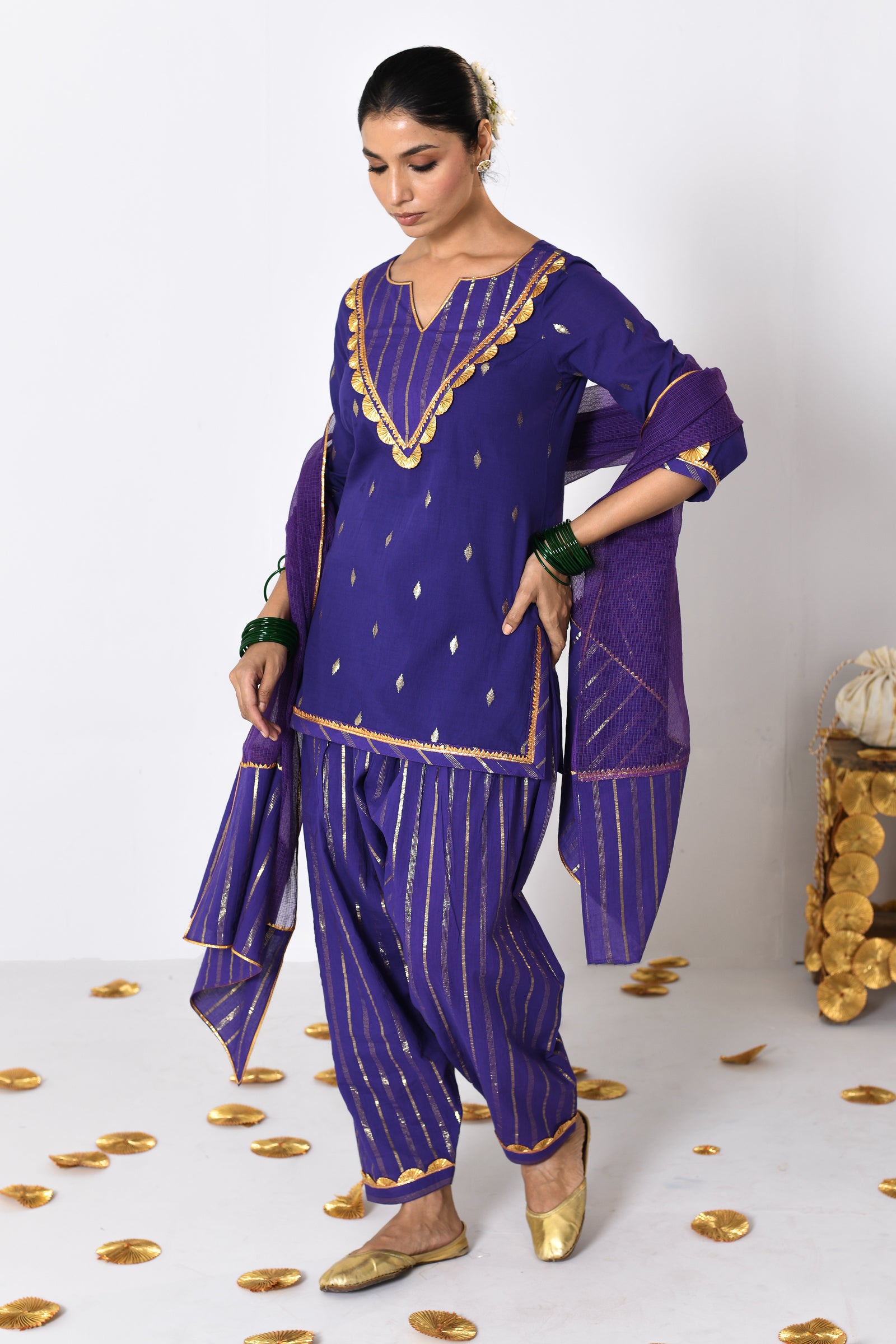 Nayantara Purple Lurex Round Neck Short kurta with Patiyala and Dupatta