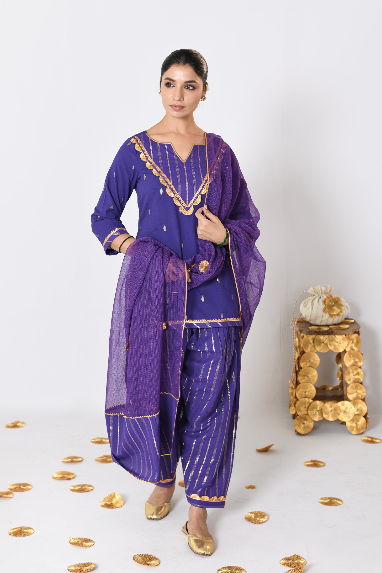 Nayantara Purple Lurex Round Neck Short kurta with Patiyala and Dupatta