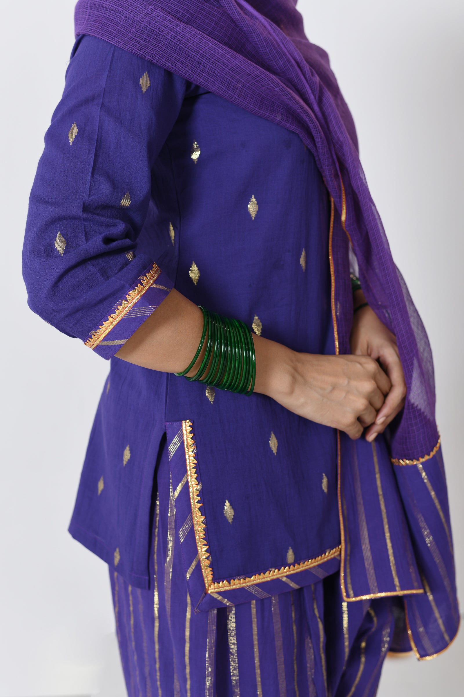 Nayantara Purple Lurex Round Neck Short kurta with Patiyala and Dupatta