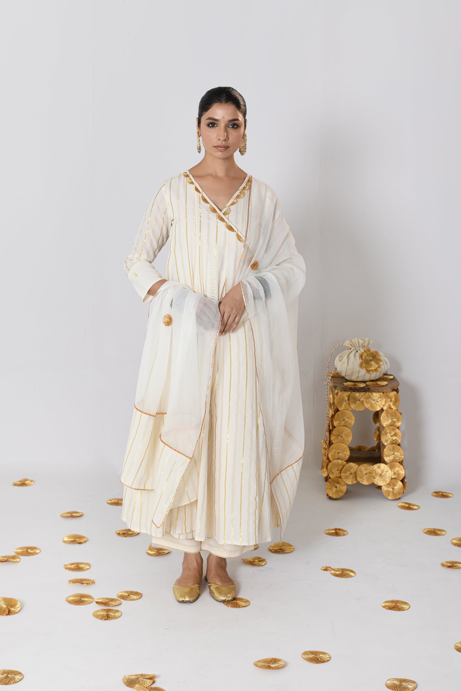 Shweta V-neck Off-White Lurex Angrakha Anarkali Set