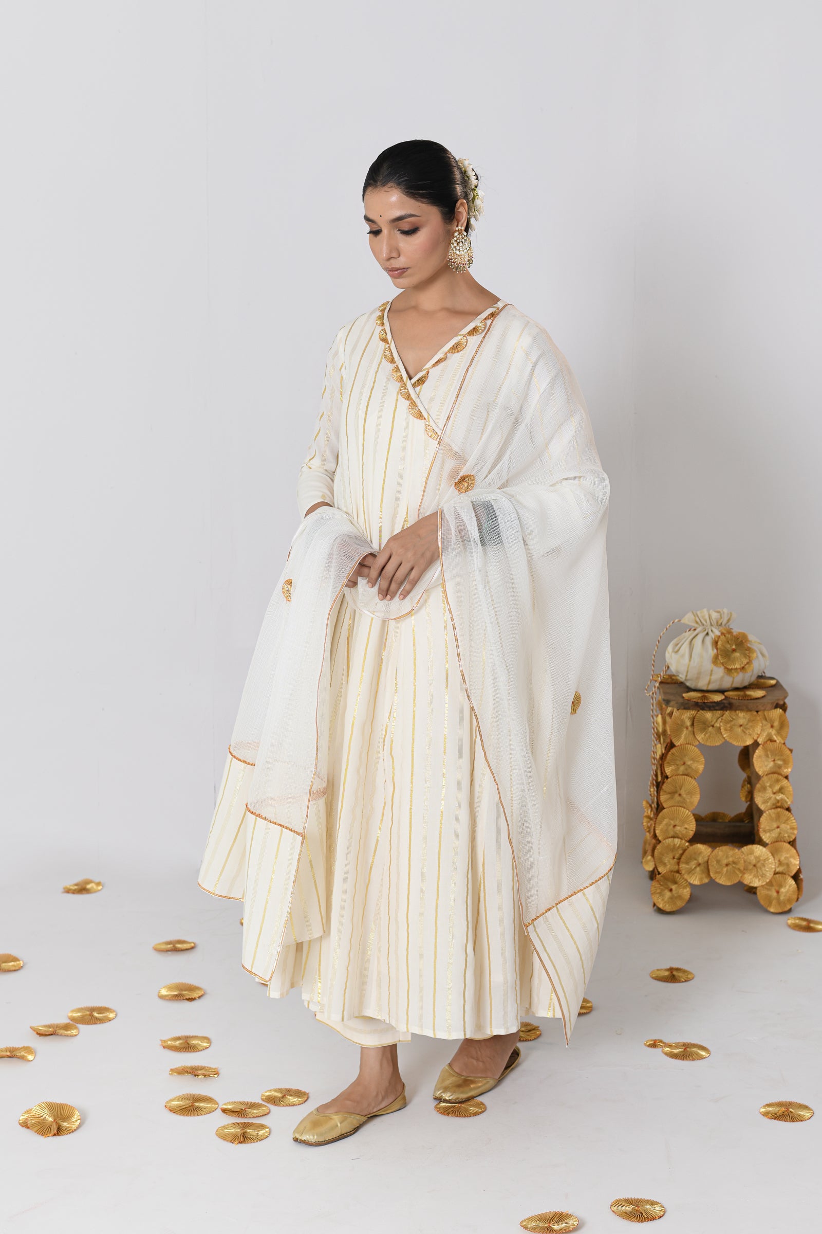 Shweta V-neck Off-White Lurex Angrakha Anarkali Set