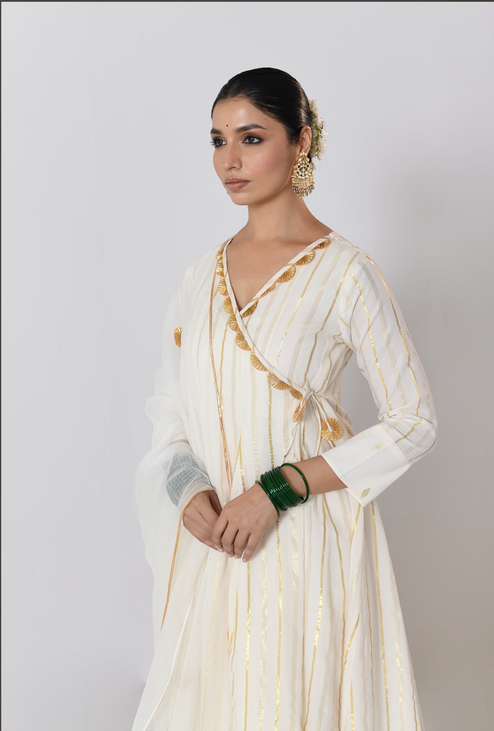 Shweta V-neck Off-White Lurex Angrakha Anarkali Set