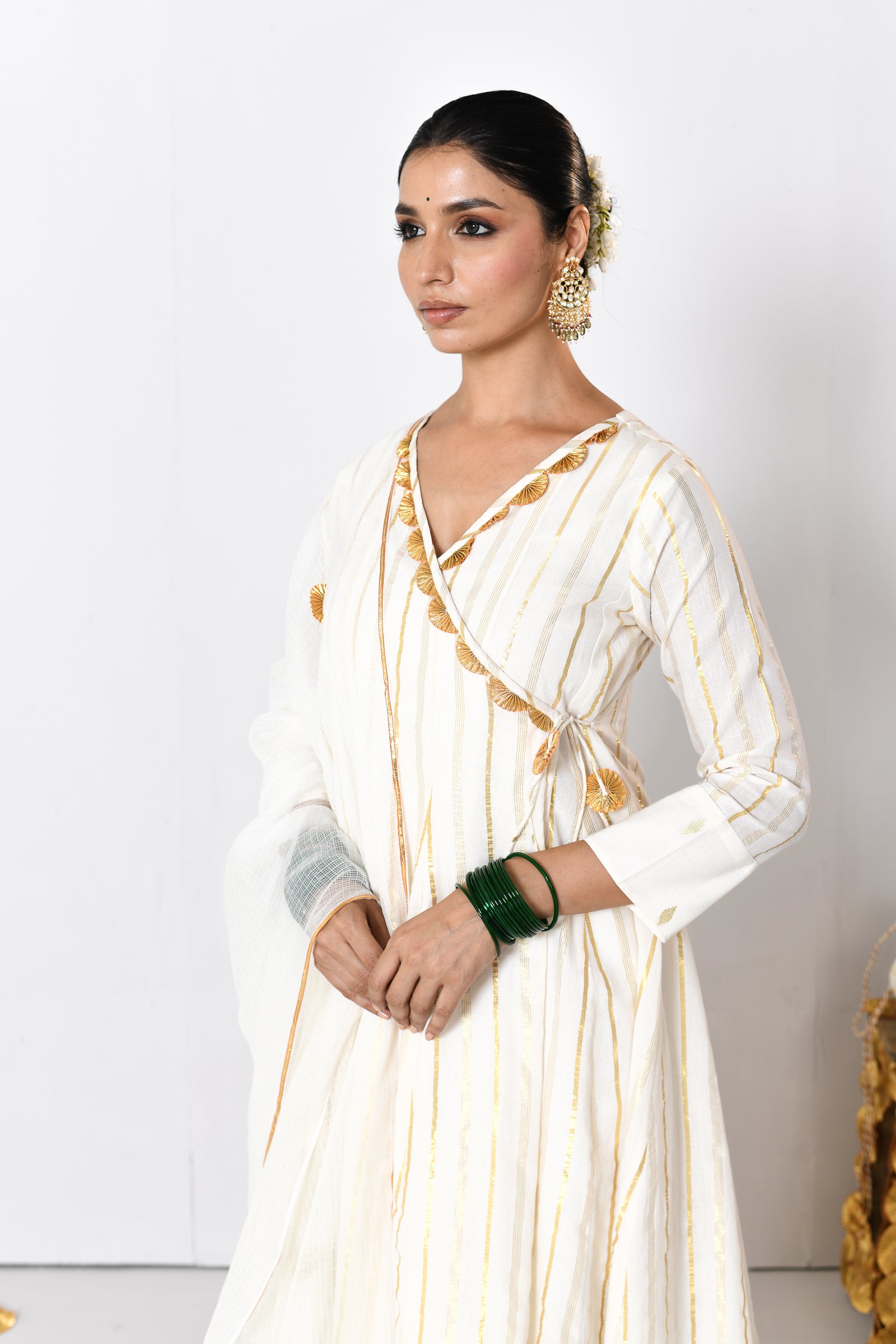 Shweta V-neck Off-White Lurex Angrakha Anarkali Set