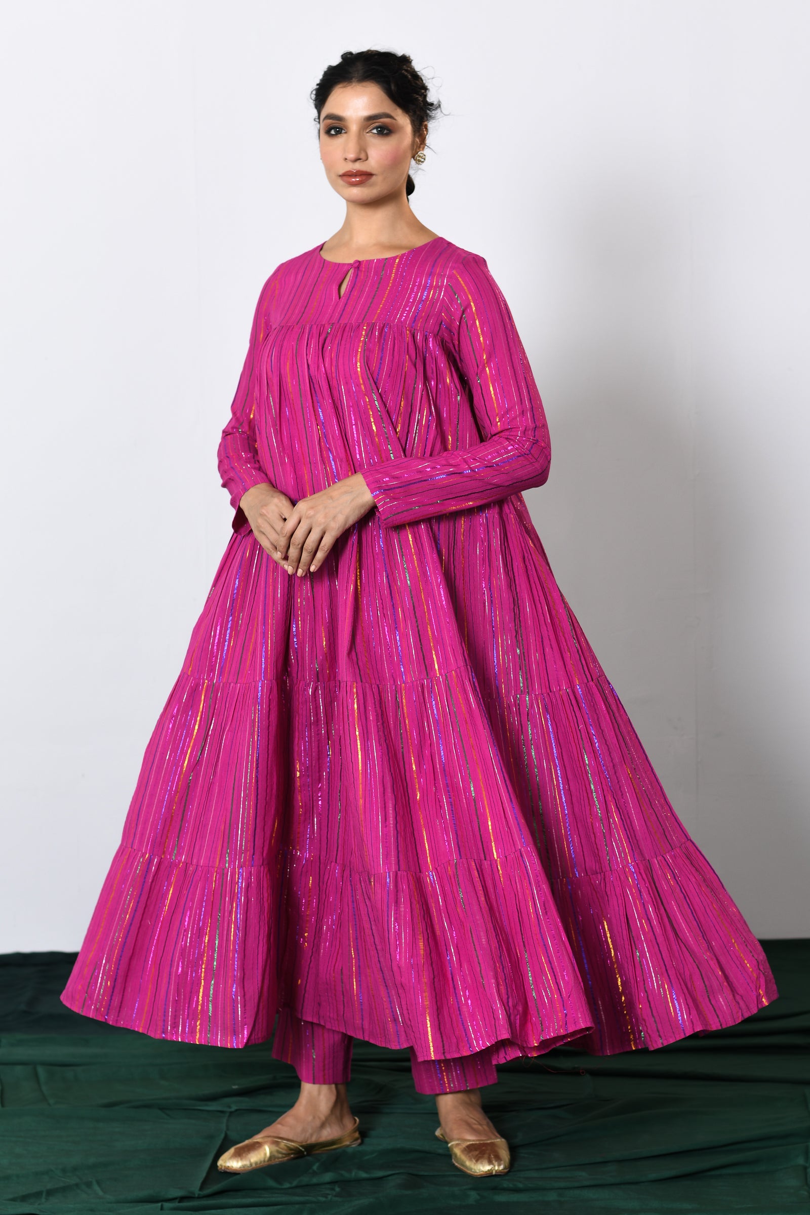 Rangmala Pink Multicolor zari Lurex Tiered Anarkali with Pants