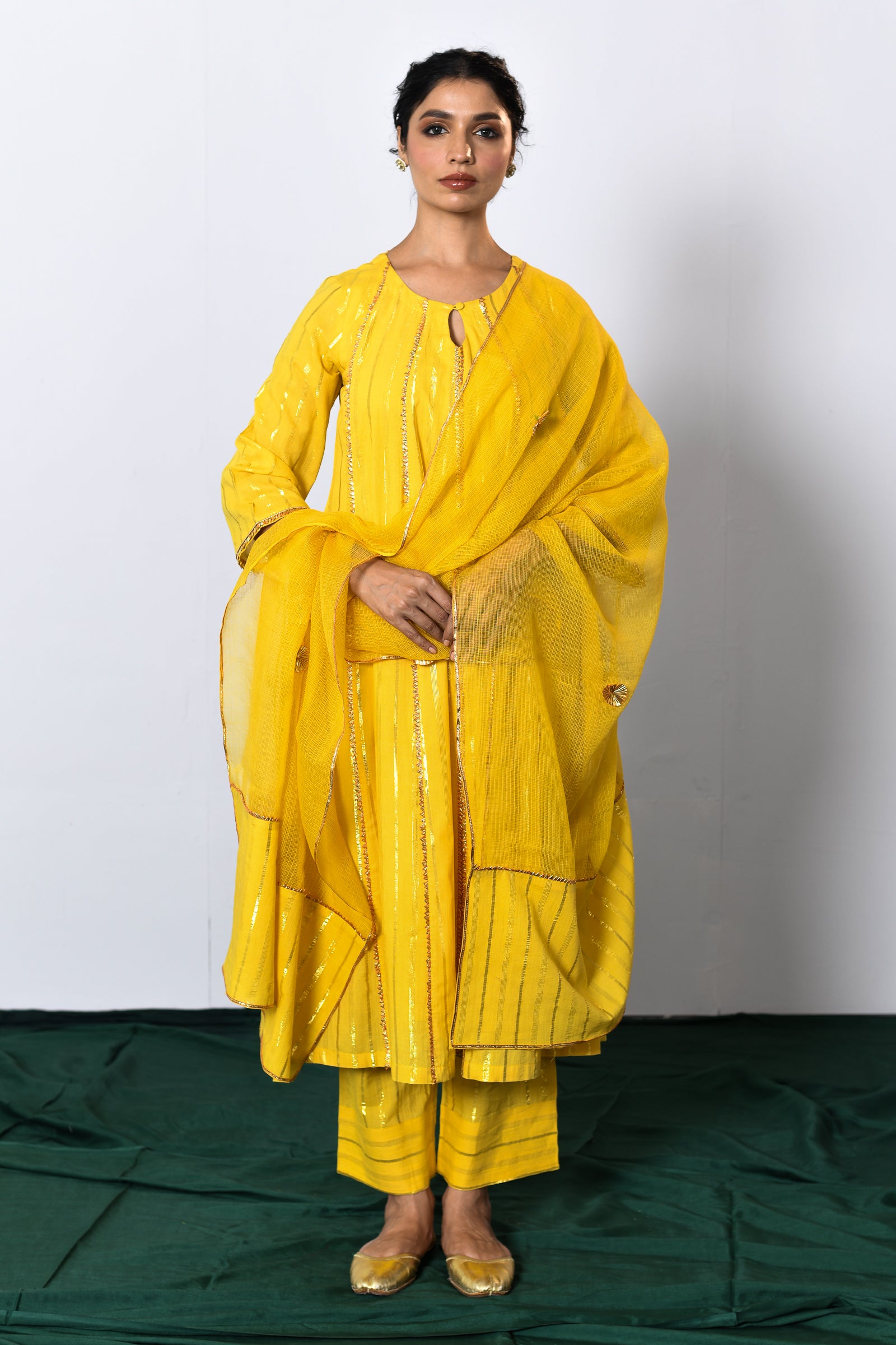 Peetambar Yellow Lurex Round Neck Anarkali Set