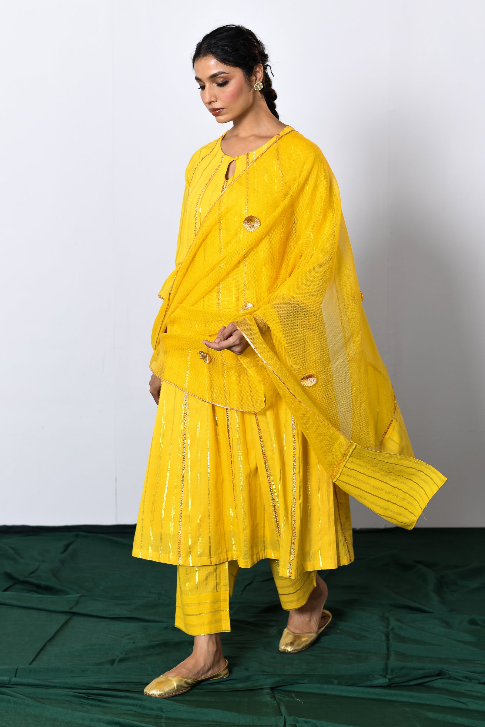 Peetambar Yellow Lurex Round Neck Anarkali Set