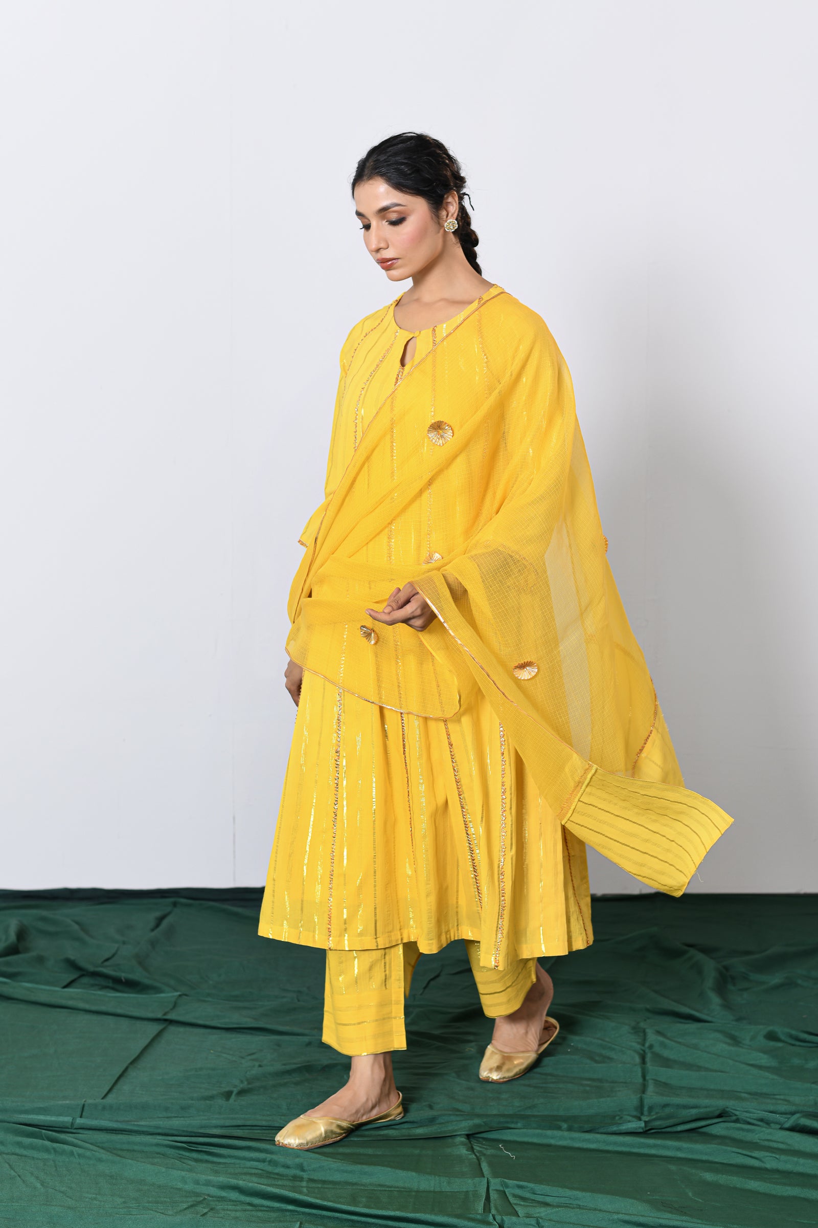 Peetambar Yellow Lurex Round Neck Anarkali Set