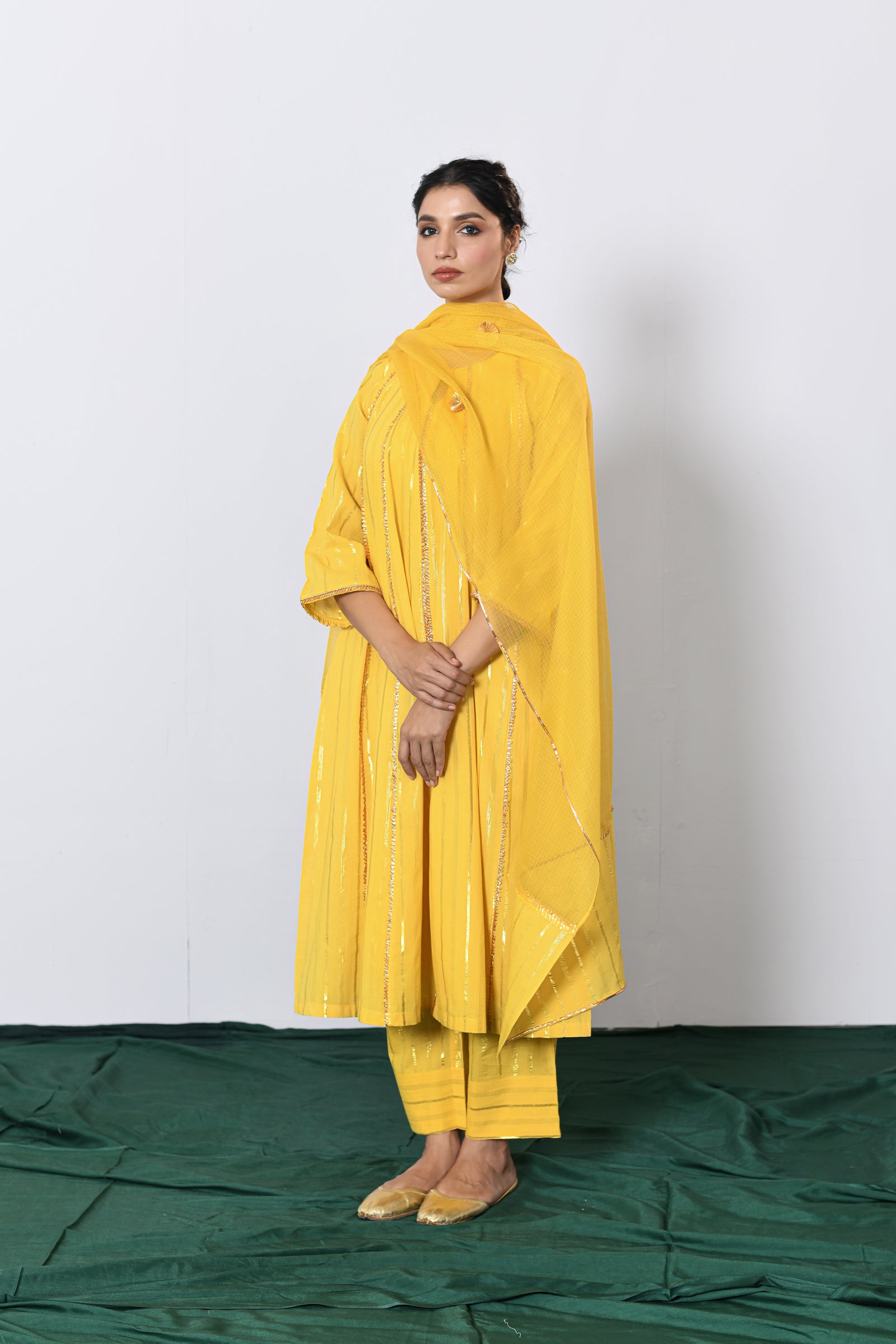 Peetambar Yellow Lurex Round Neck Anarkali Set