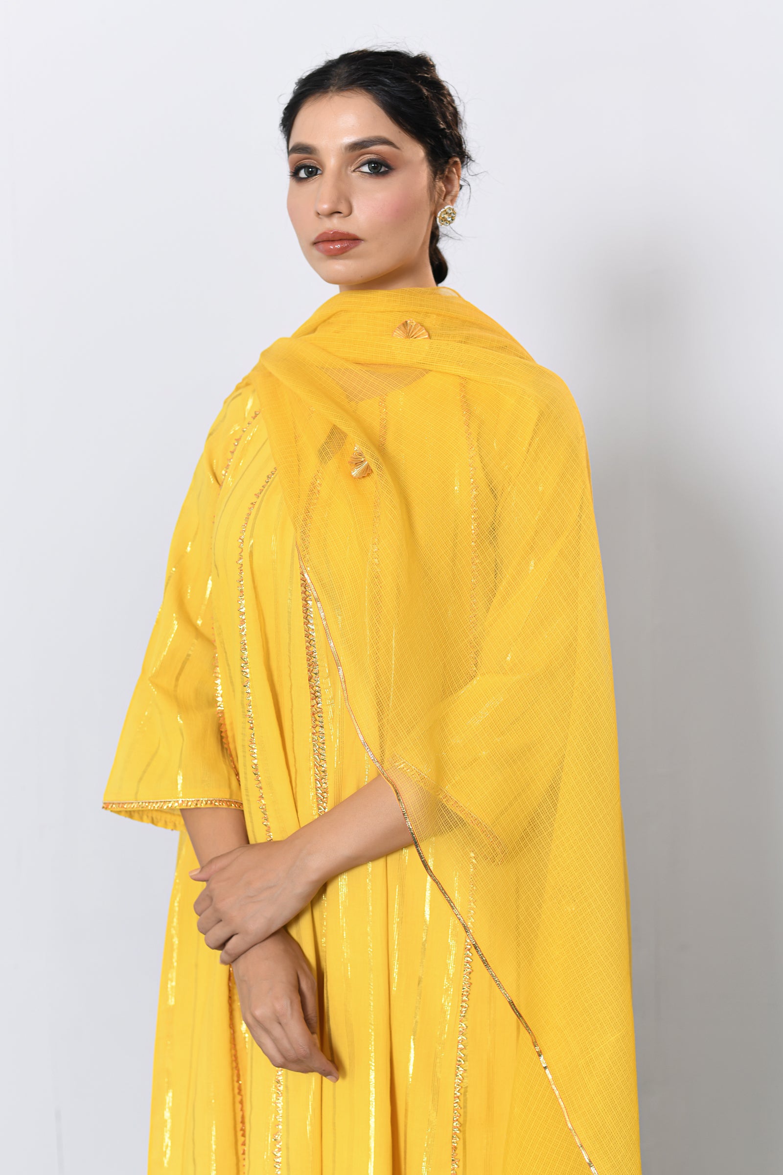 Peetambar Yellow Lurex Round Neck Anarkali Set