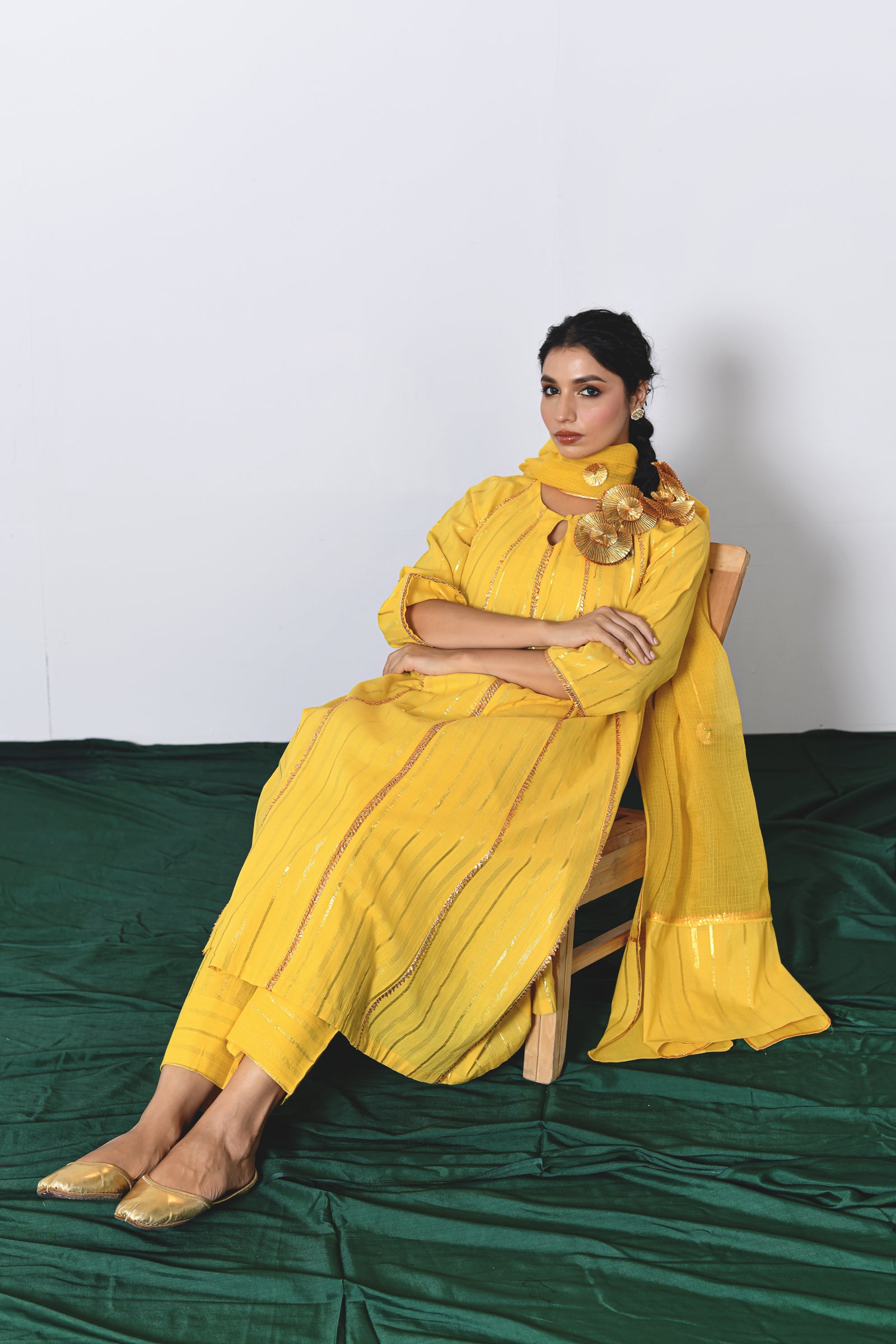 Peetambar Yellow Lurex Round Neck Anarkali Set