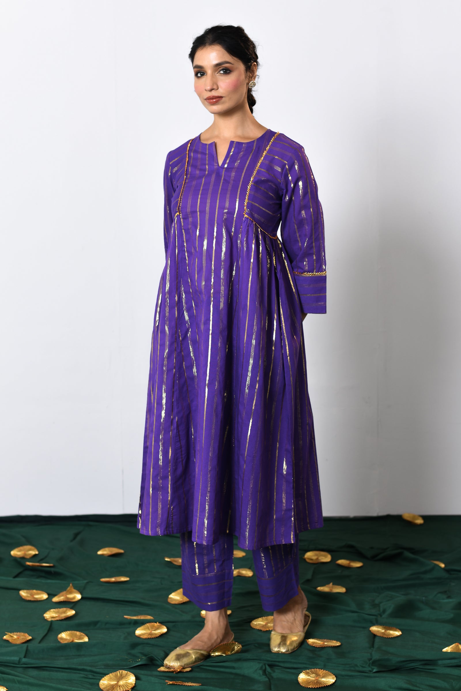 Neelima Purple Lurex Round Neck A-line Kurta, Pant and Dupatta