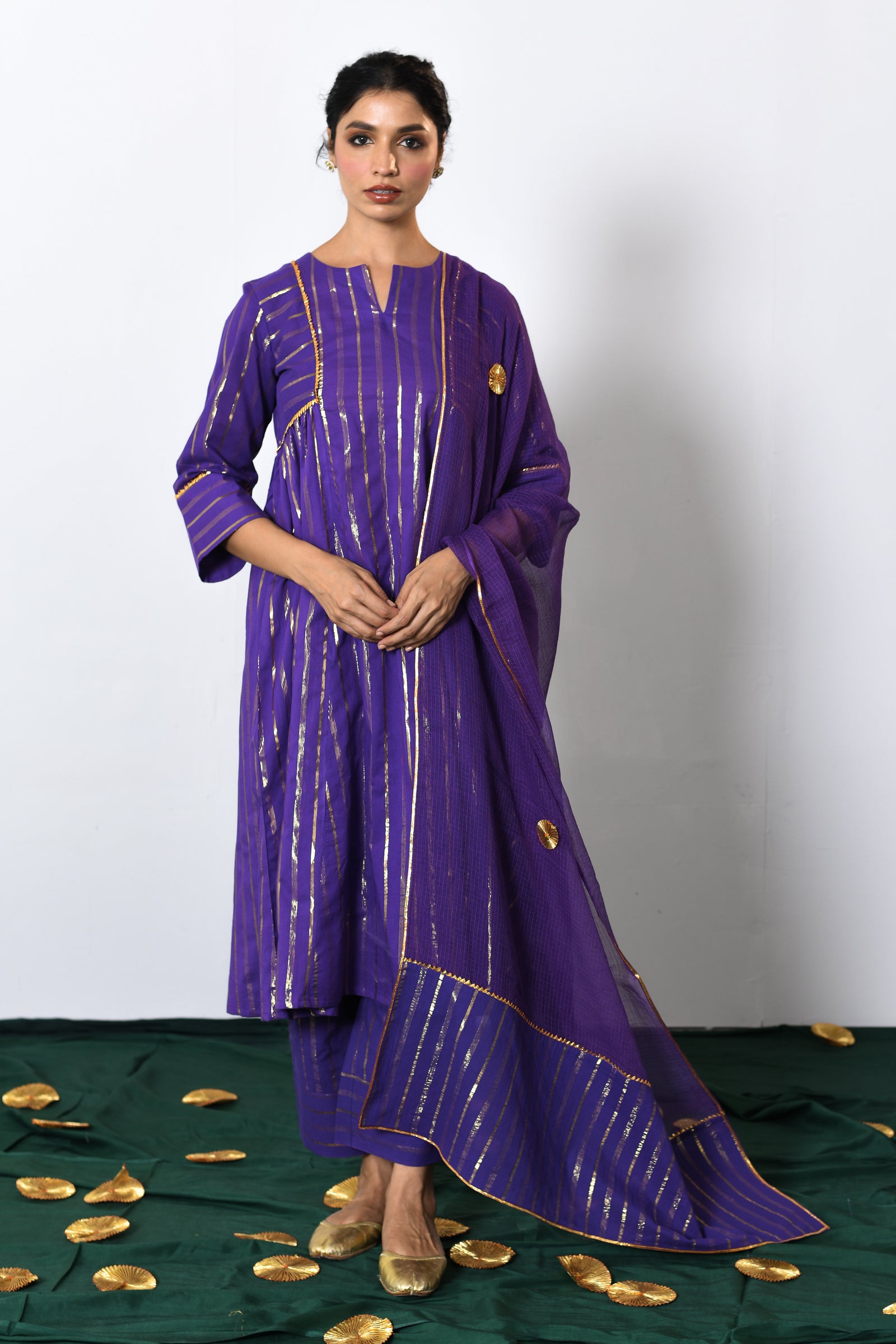 Neelima Purple Lurex Round Neck A-line Kurta, Pant and Dupatta