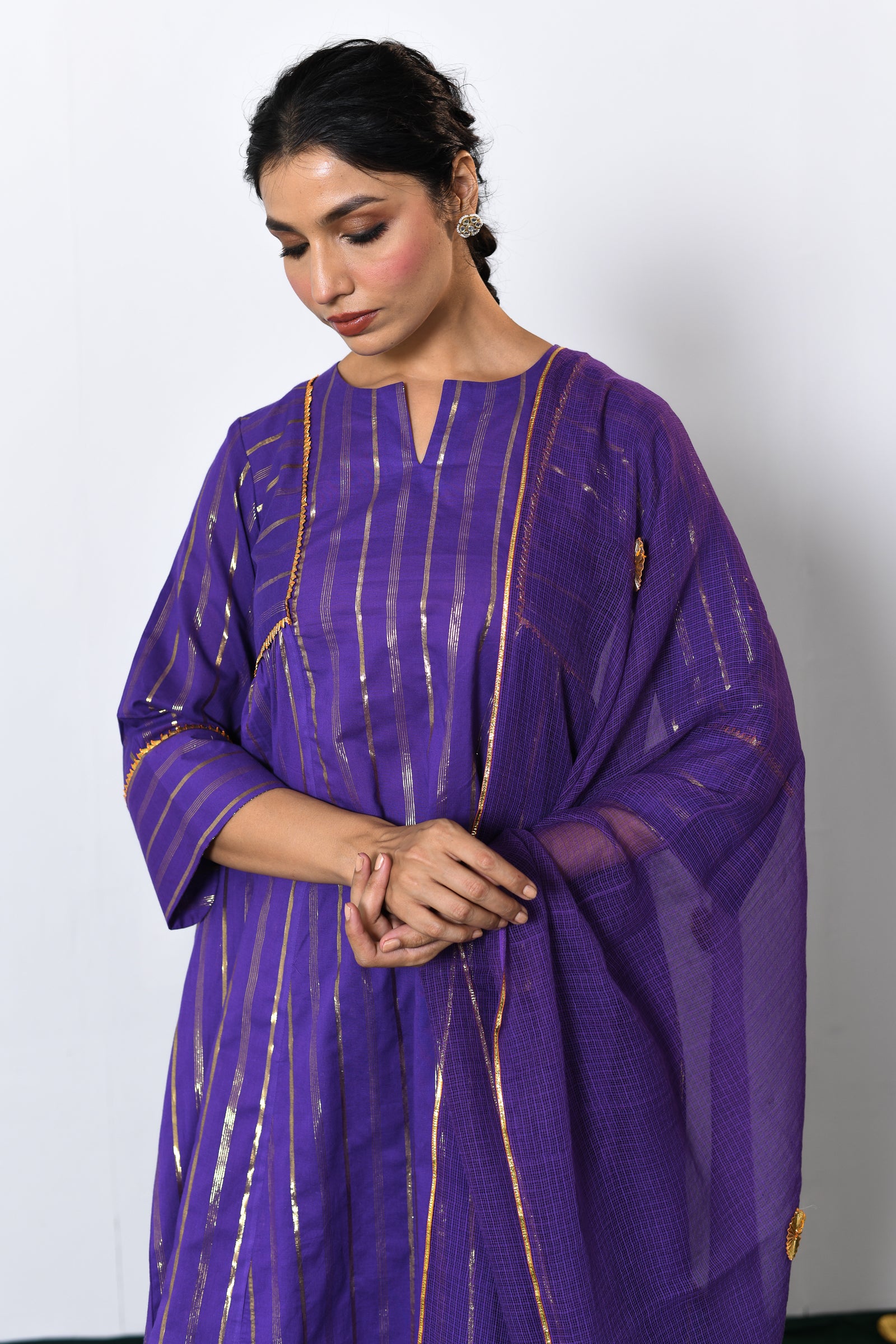 Neelima Purple Lurex Round Neck A-line Kurta, Pant and Dupatta