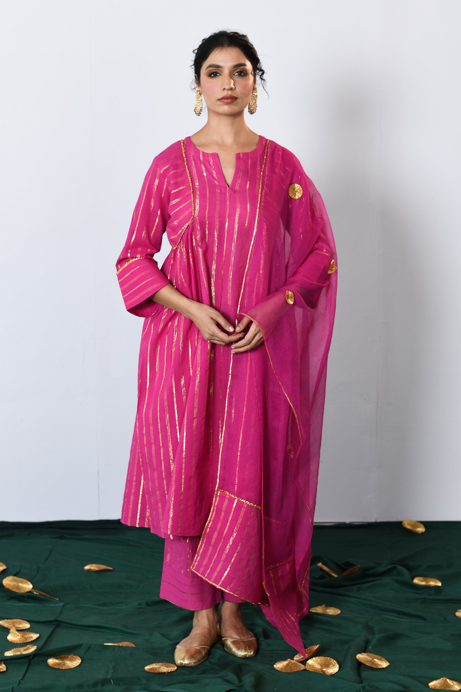 Pink Round Neck Lurex A-line Kurta with Pant and Dupatta