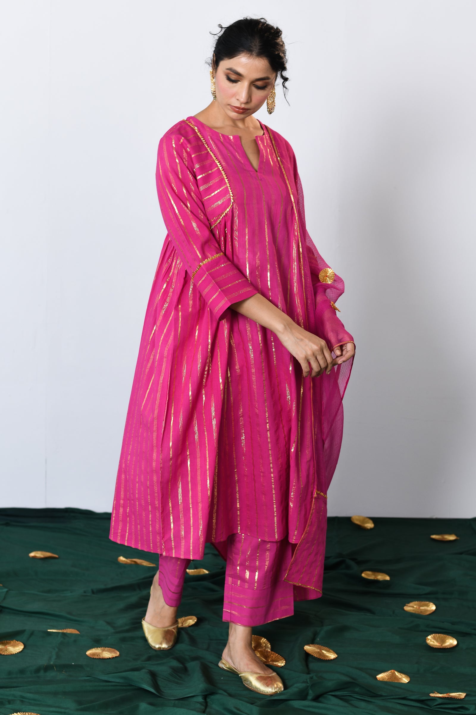 Pink Round Neck Lurex A-line Kurta with Pant and Dupatta