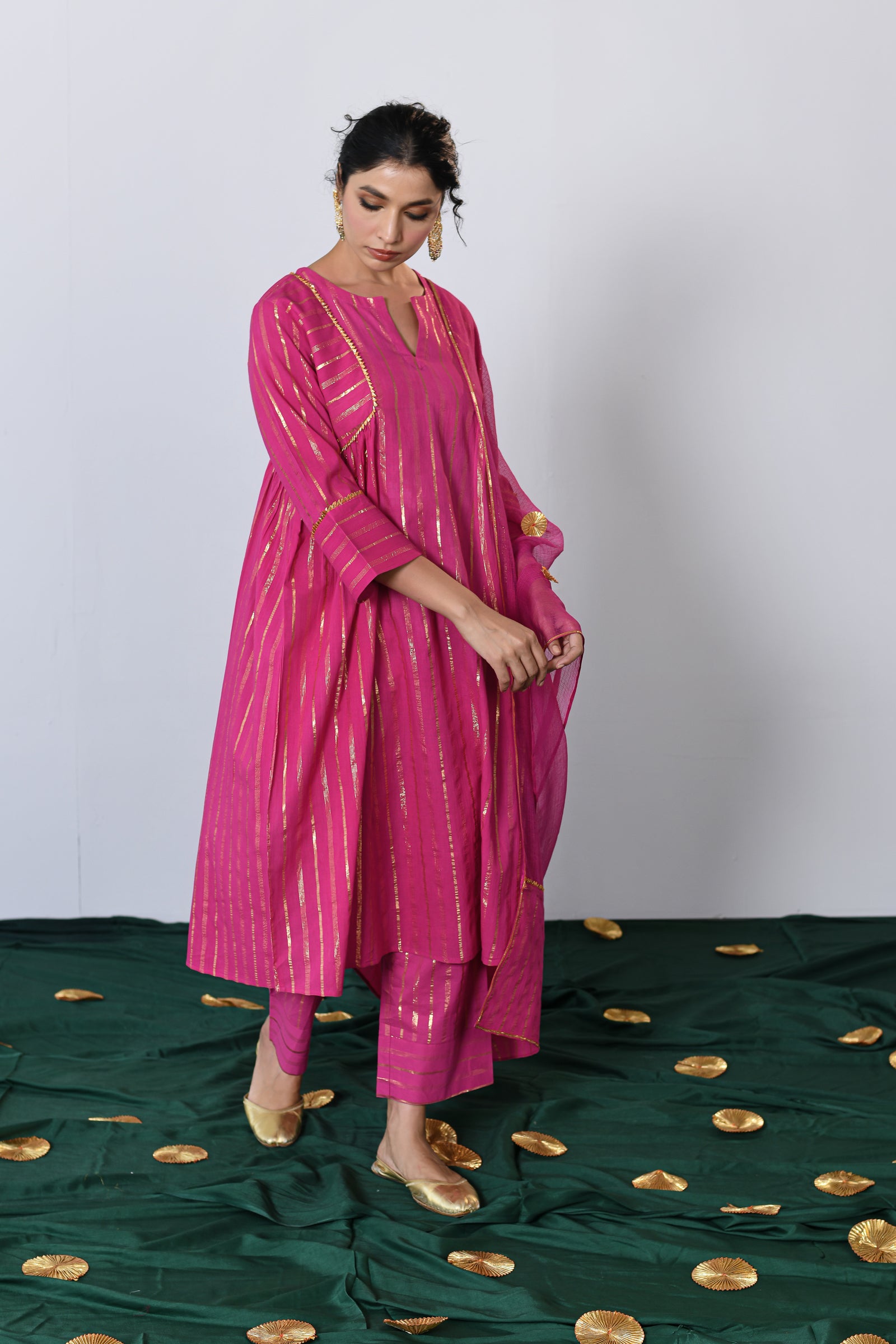 Pink Round Neck Lurex A-line Kurta with Pant and Dupatta